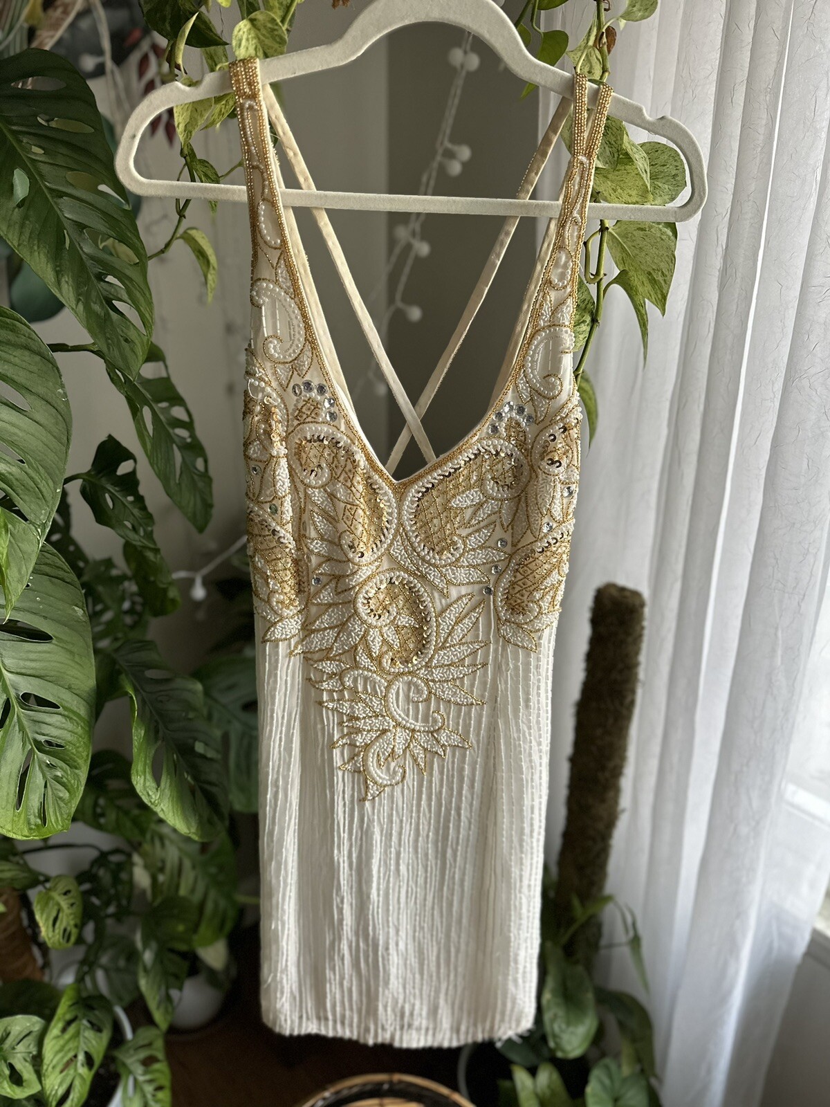Vintage Beaded Cream And Gold Dress