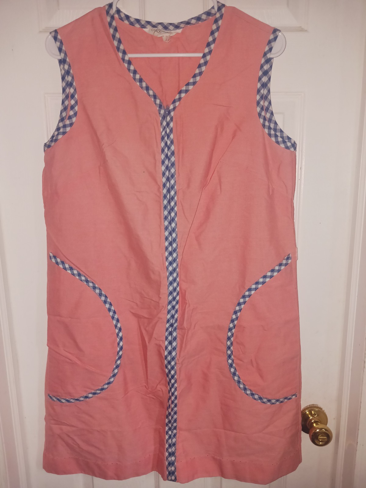VTG 60s/70s Komar Zippered House Dress Sleeveless M Peach/Blue Gingham Trim