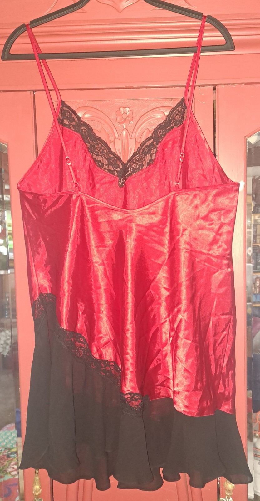 Vtg Secret Treasures Red Satin Babydoll Chemise XL 16/18 Black Lace Mesh 90s