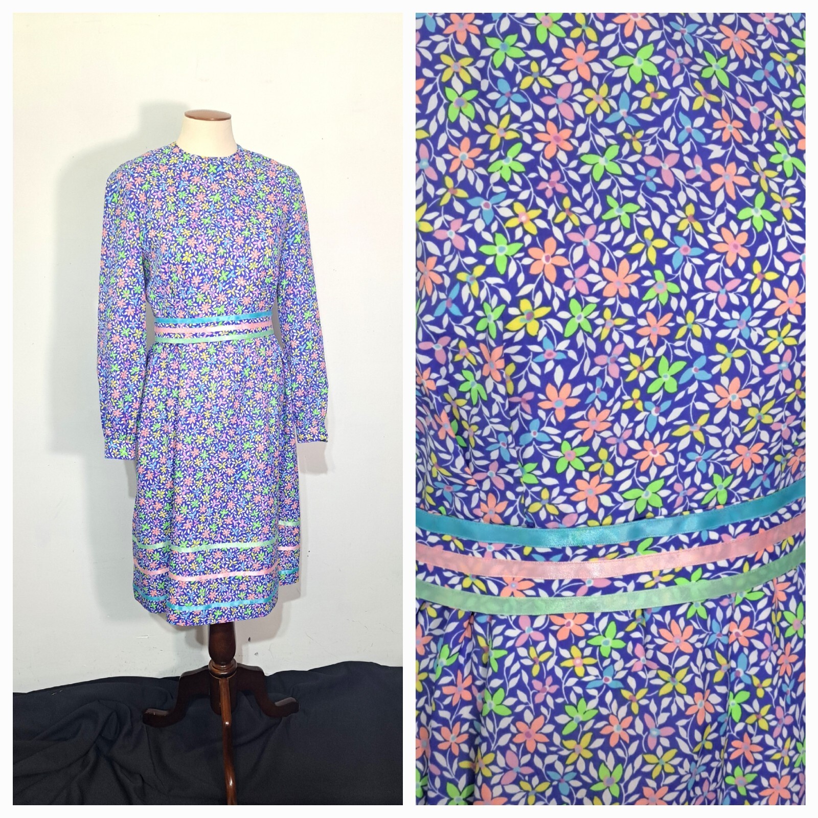 Vintage POSH Jay Anderson Summer Floral Dress Ribbon Trim S/M 36 Cottagecore