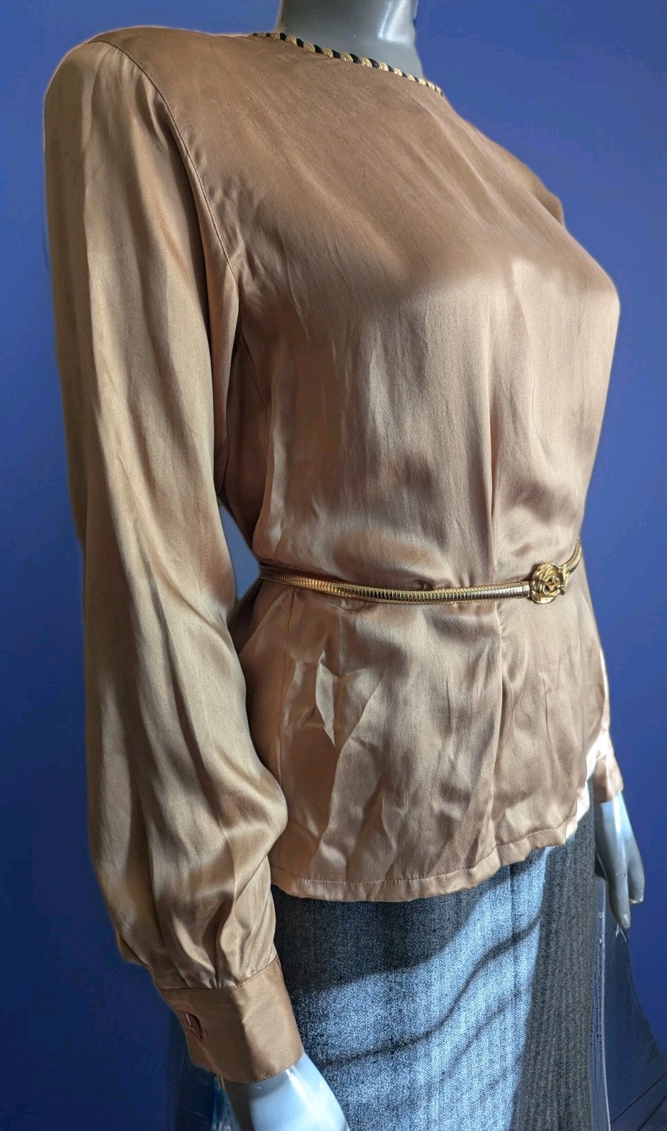 Vintage 1980s Casual Corner 100% Silk Satin-Finish Bronze Blouse Rope Trim 4