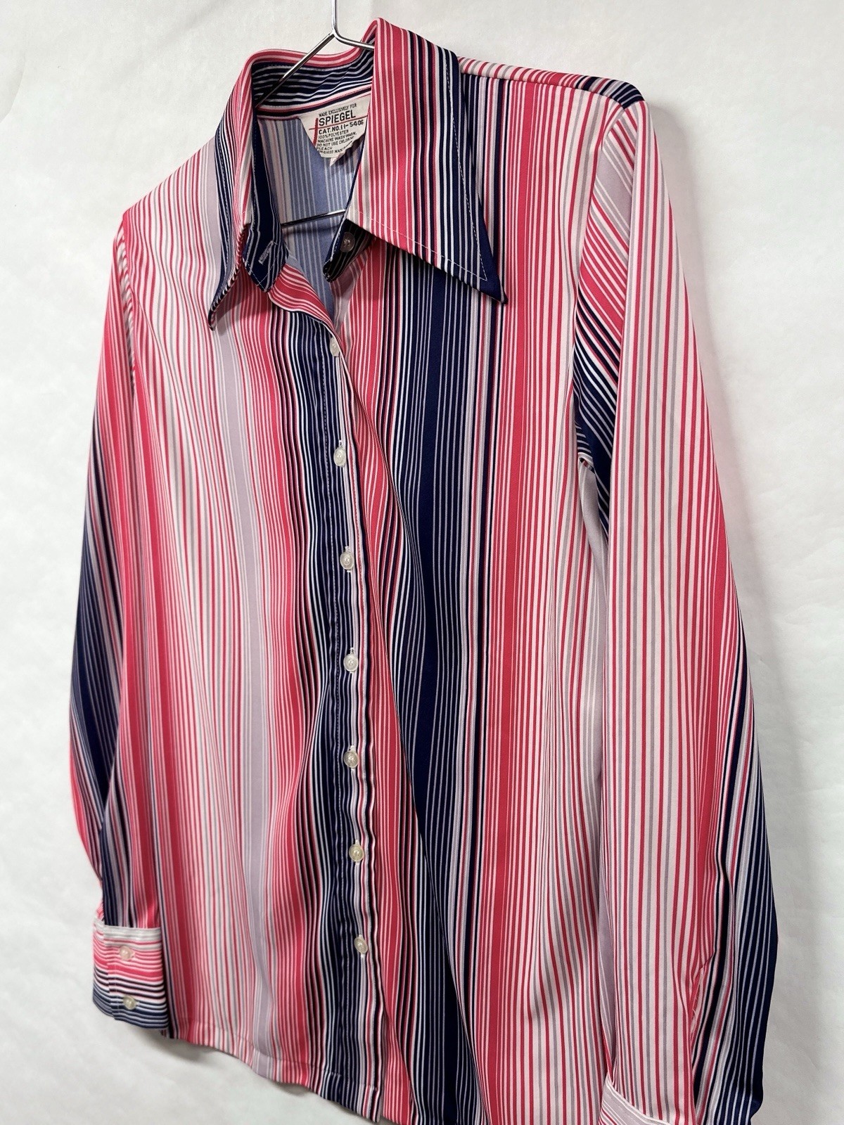 Vintage 70s Barcode Stripe Polyester Button Up Blouse Red Blue Spiegel M / L