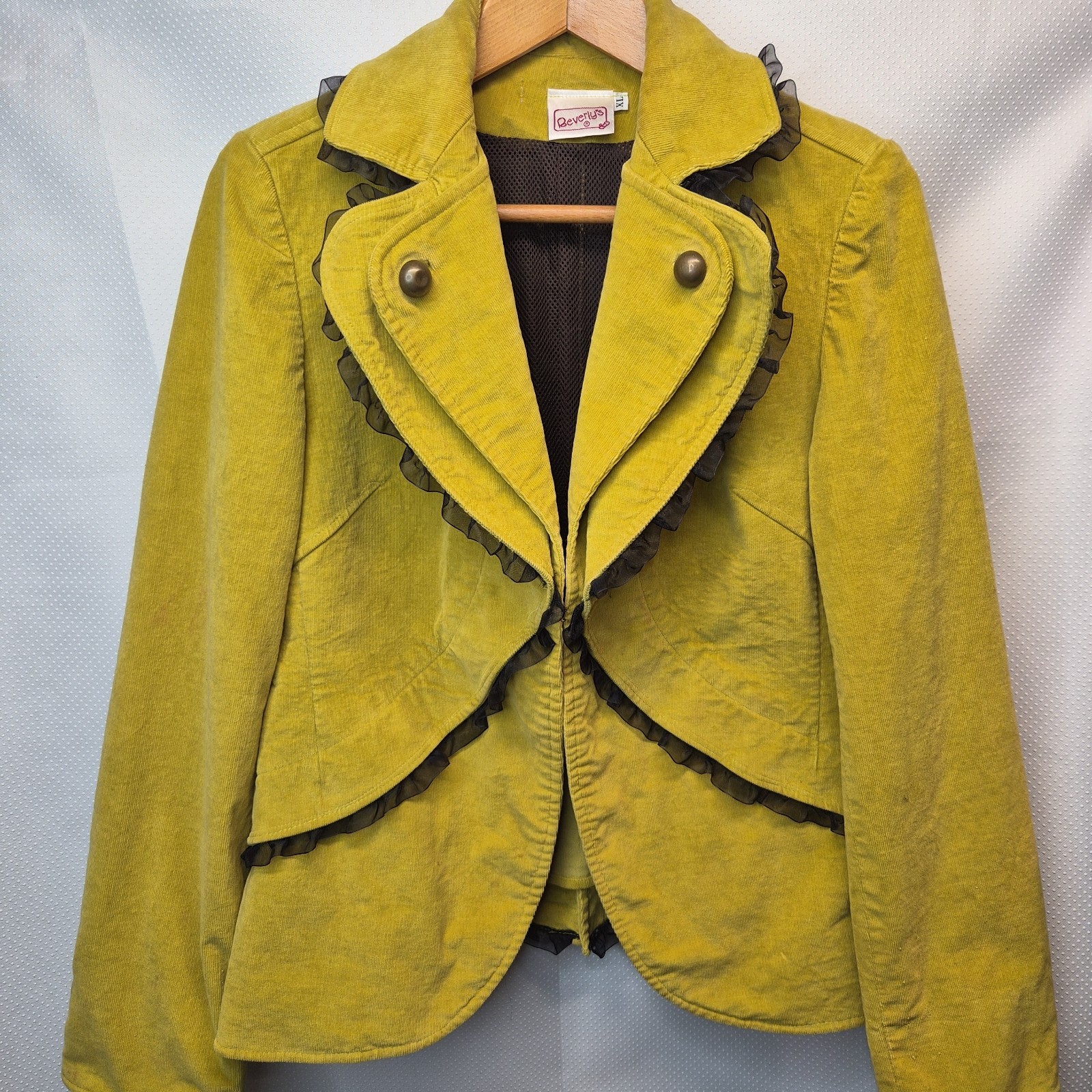 VTG Y2K Mustard Yellow Soft Corduroy Black Lace Trim Blazer XL Jacket Coat
