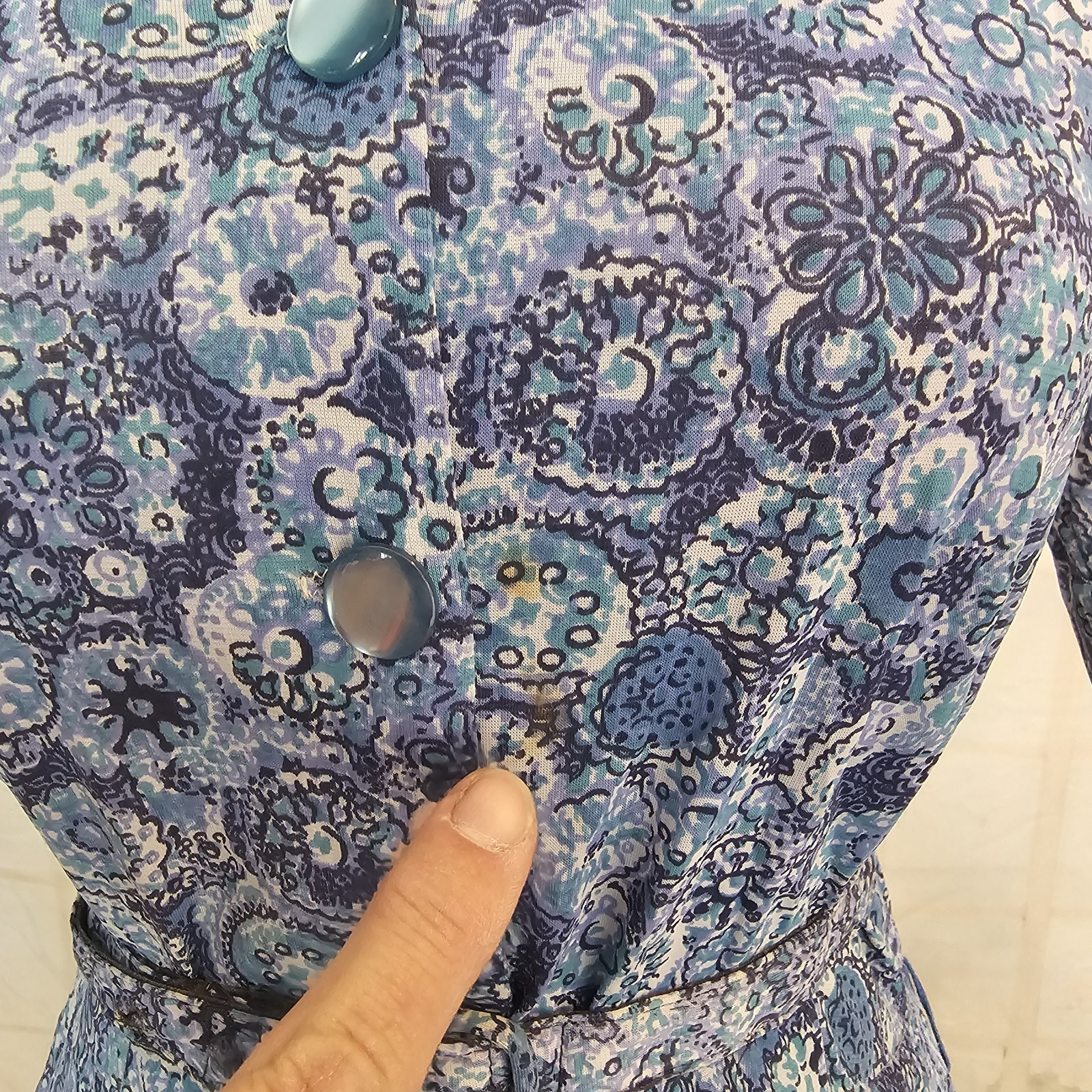 Vintage 1960’s Dress Button Up Blue White Floral 3/4 Length Sleeve Collar Pinup