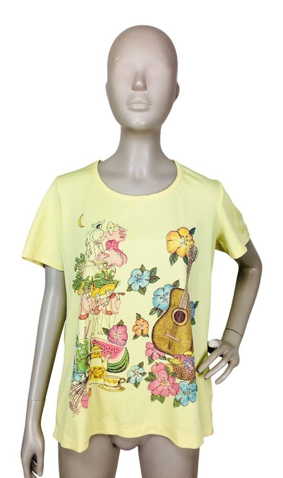 Vintage 70s Mexican Mariachi Band Flowers Dancing Music Summer Fruit Yellow Tee