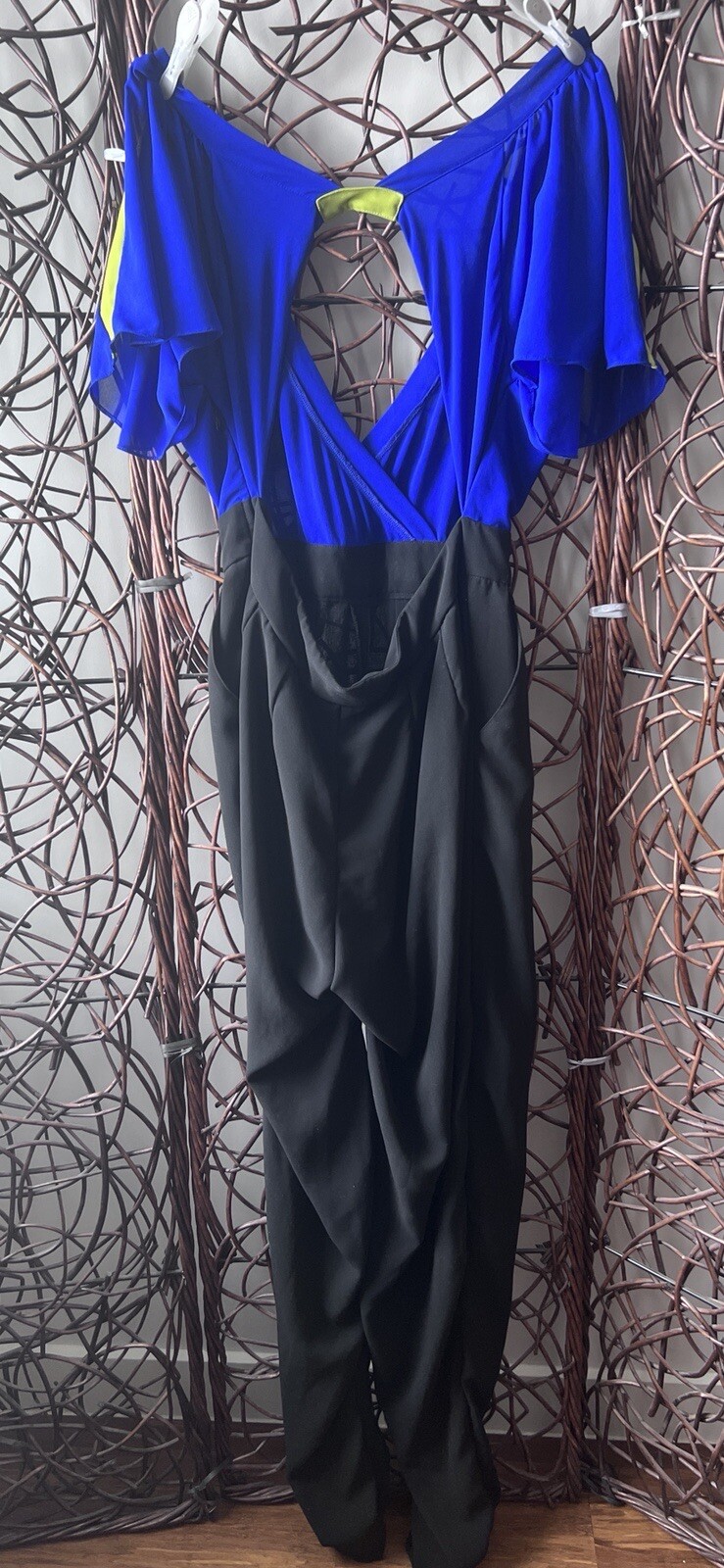 BUTTERFLY SLEEVE ONE PIECE RETRO BLUE GREEN AND BLACK CHIFFON JUMPSUIT