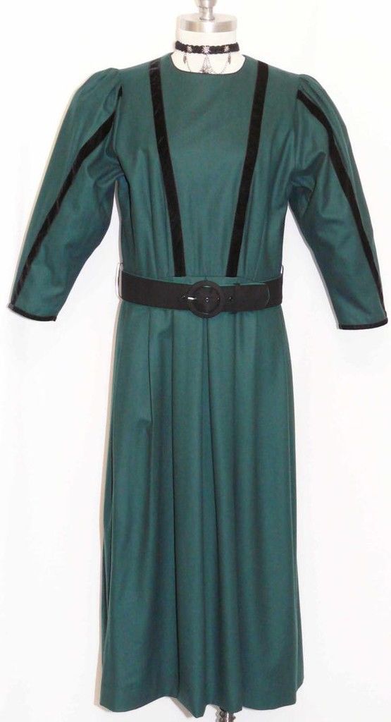 L 14 Wool Green Women Trachten German PLEATED W/BELT Long Casual DRESS