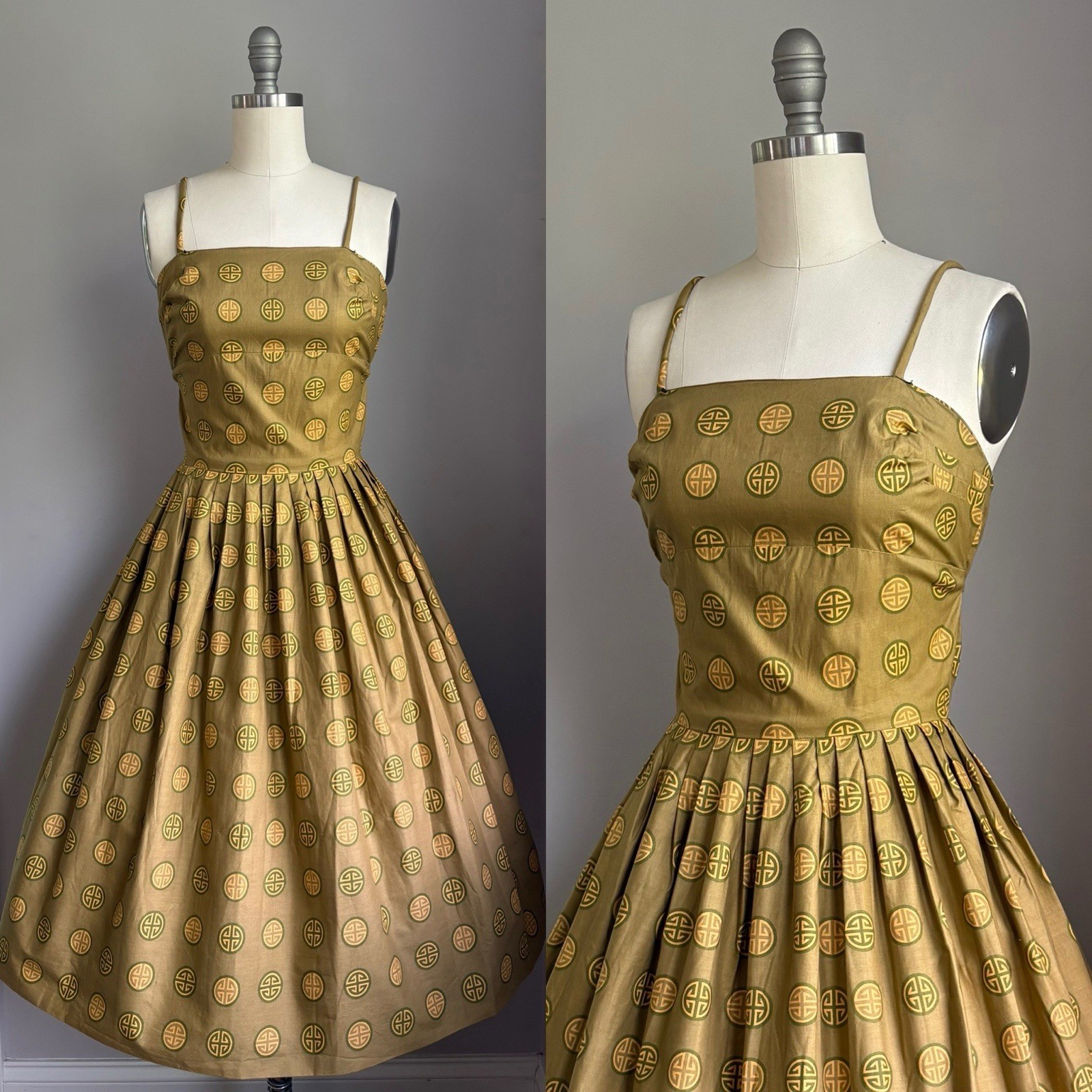 Vintage 1950’s Cotton Chinese Good Fortune Longevity Print Sun Dress Size XS