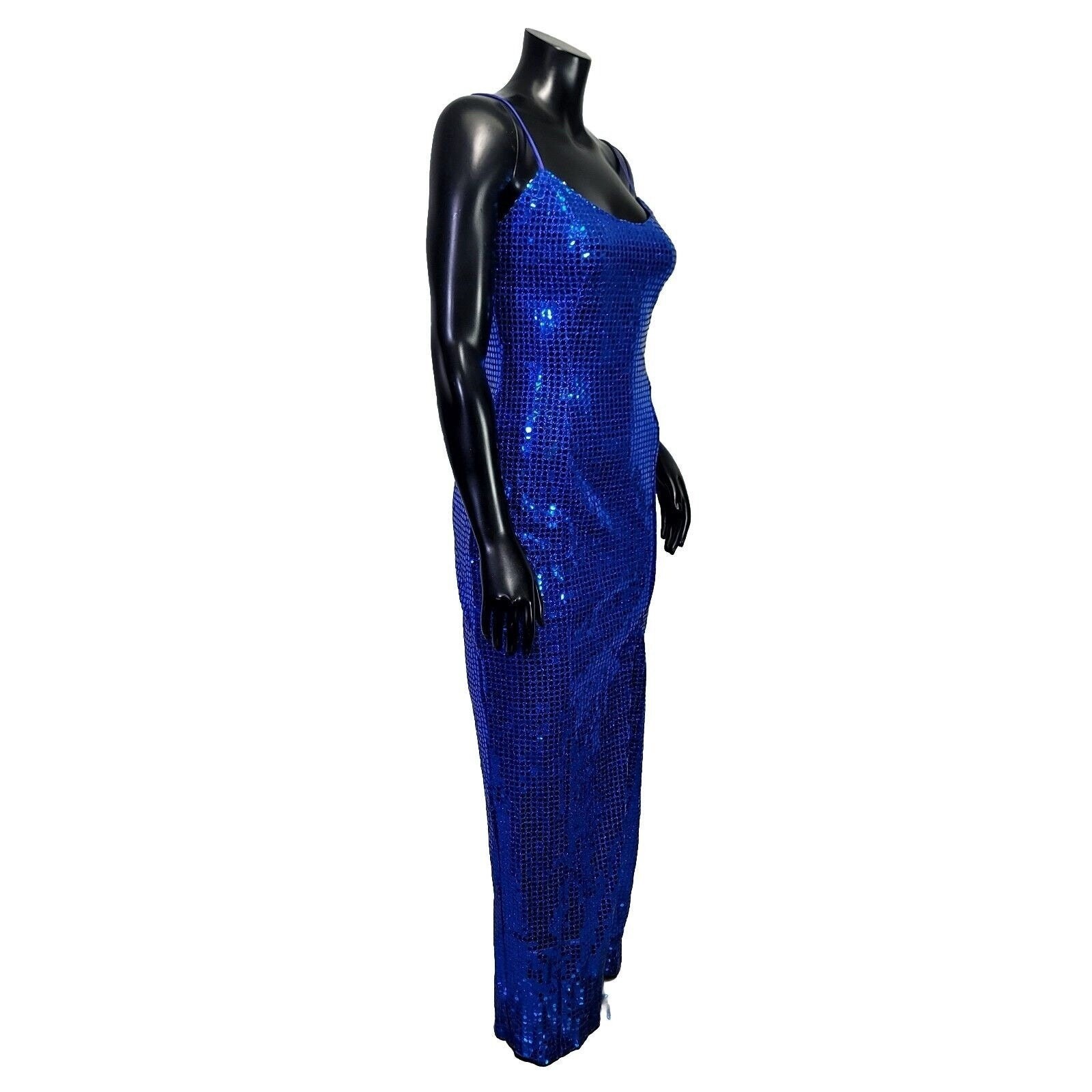 Vintage 90s L.A. Glo Blue Sequin Bodycon Maxi Dress Slit Evening Prom Sz 5/6 USA