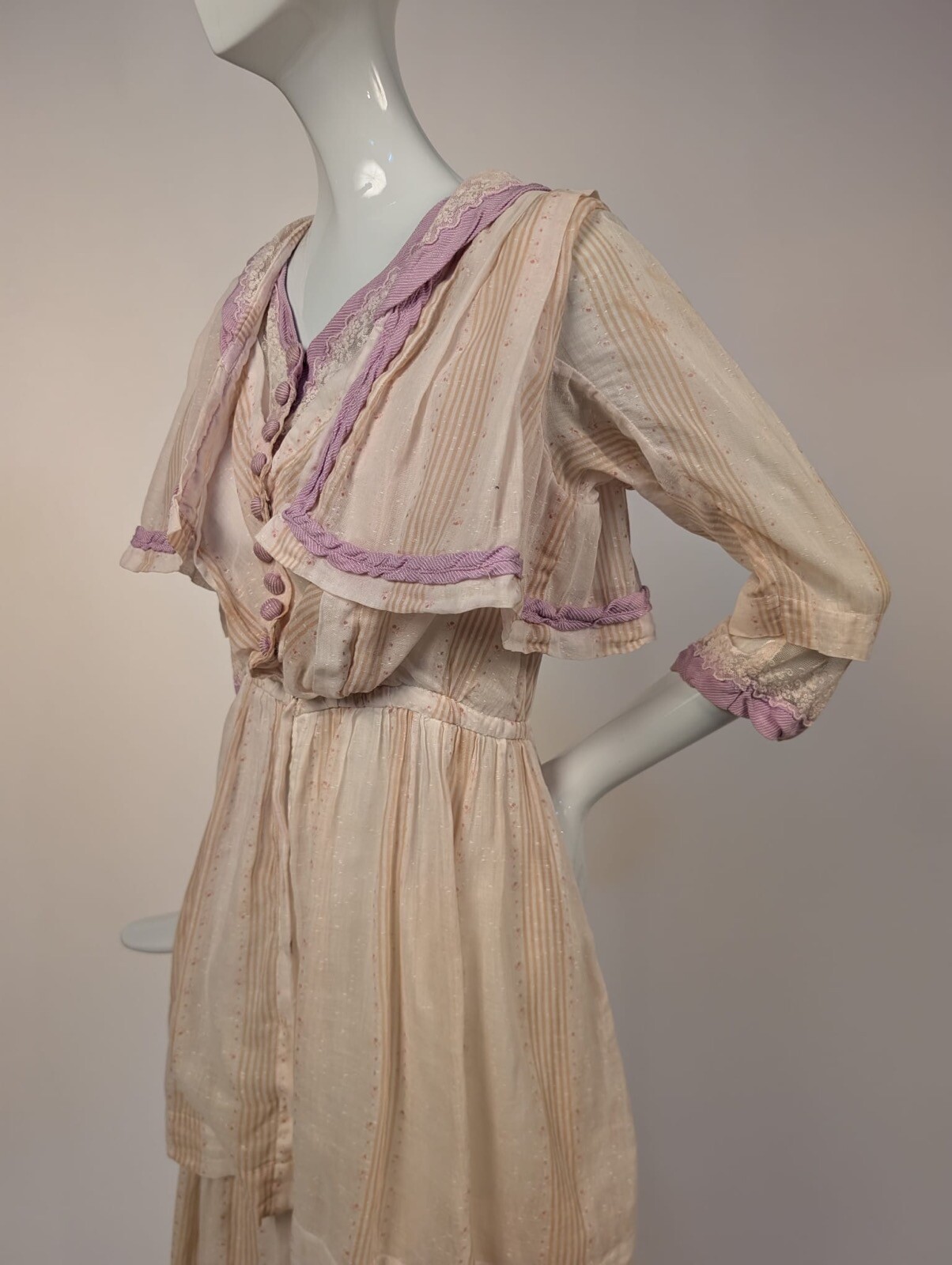 EDWARDIAN STRIPED MUSLIN DRESS W LAVENDER SILK EDGING + TRIPLE TIERED SKIRT