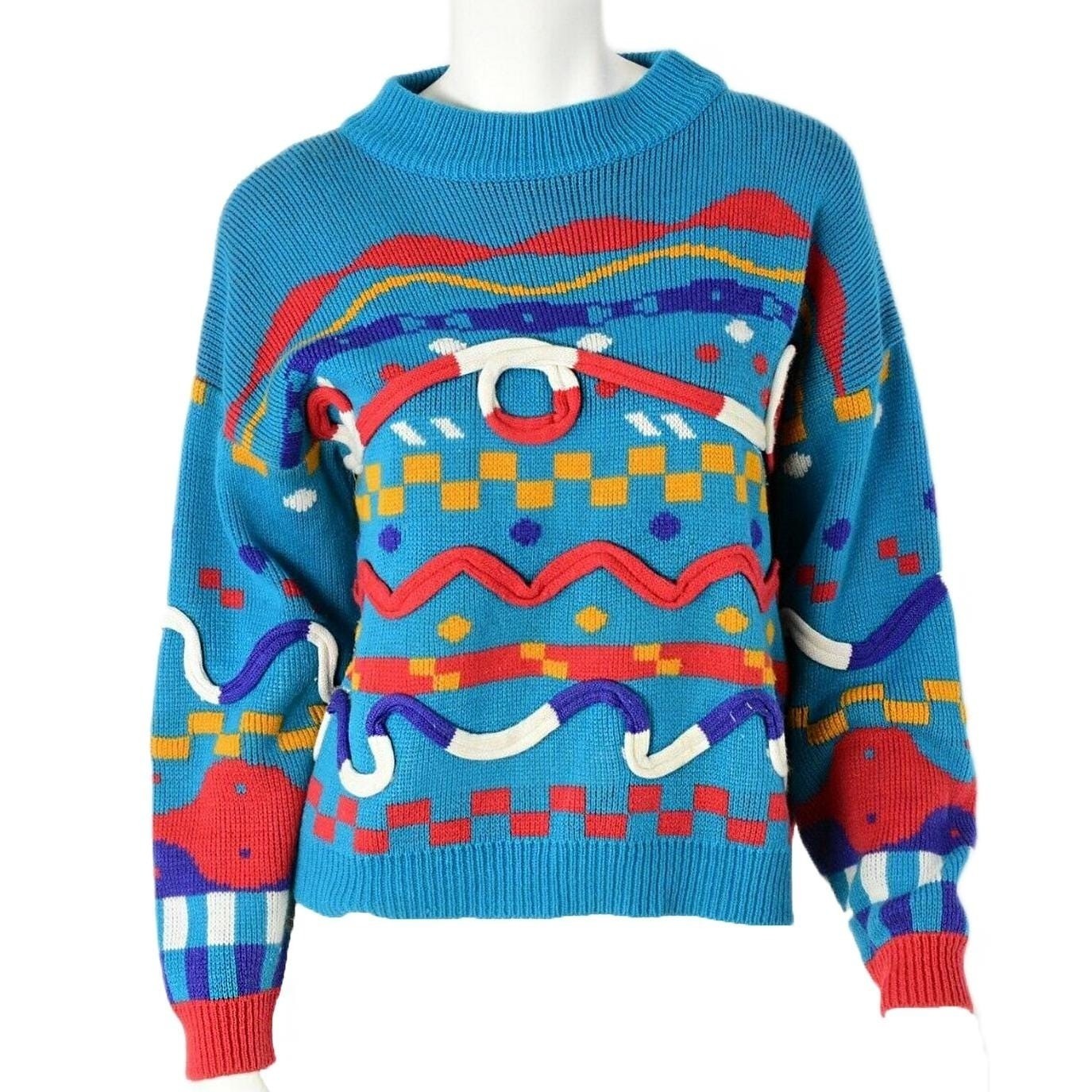 80s Vintage Graphic Oversized Sweatshirt Womens L Blue Novelty 3D Squiggle Knit