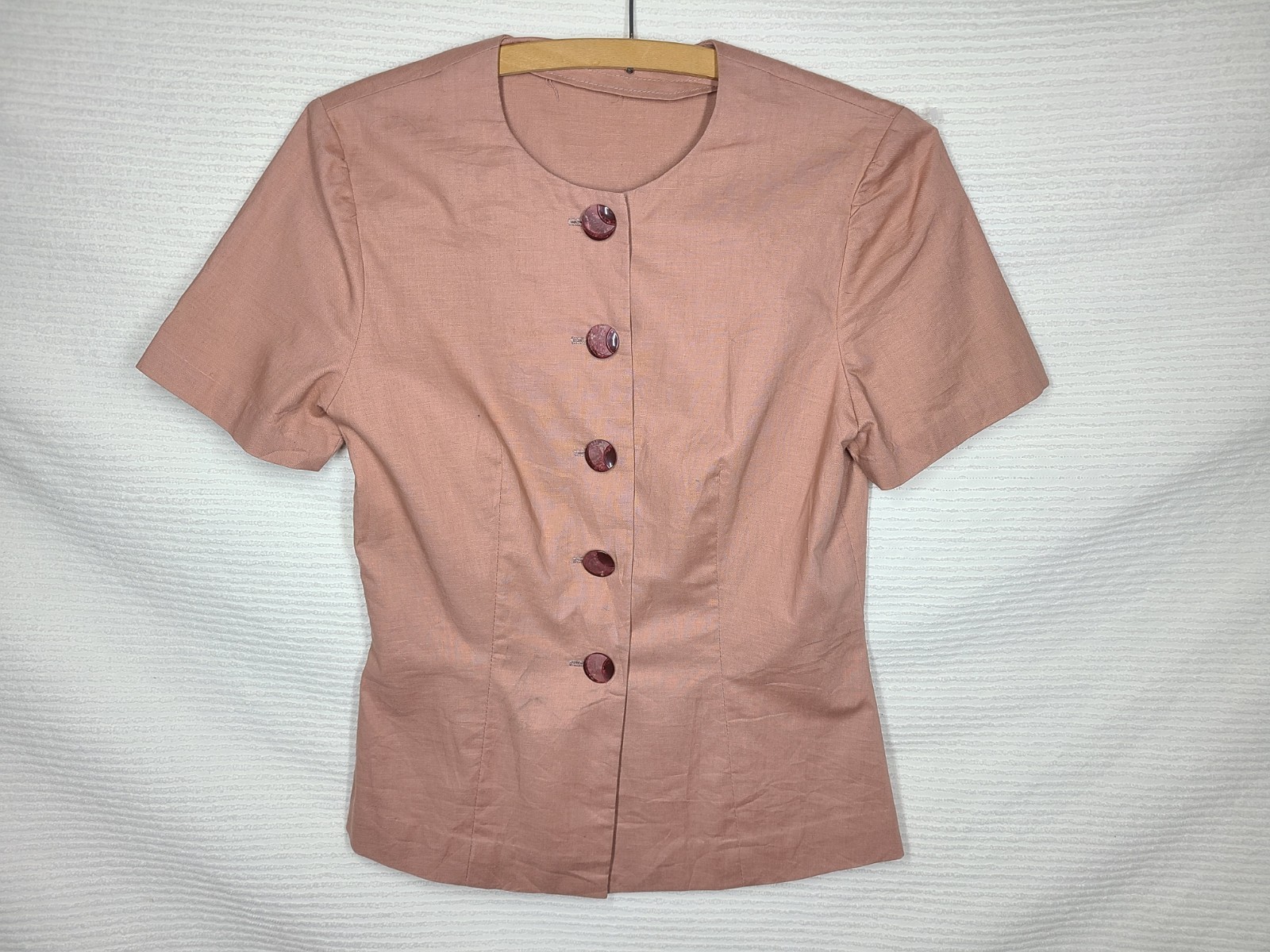 Vintage 50s Cotton Shirt S New Look High Neck Large Buttons Taupe Brown Retro