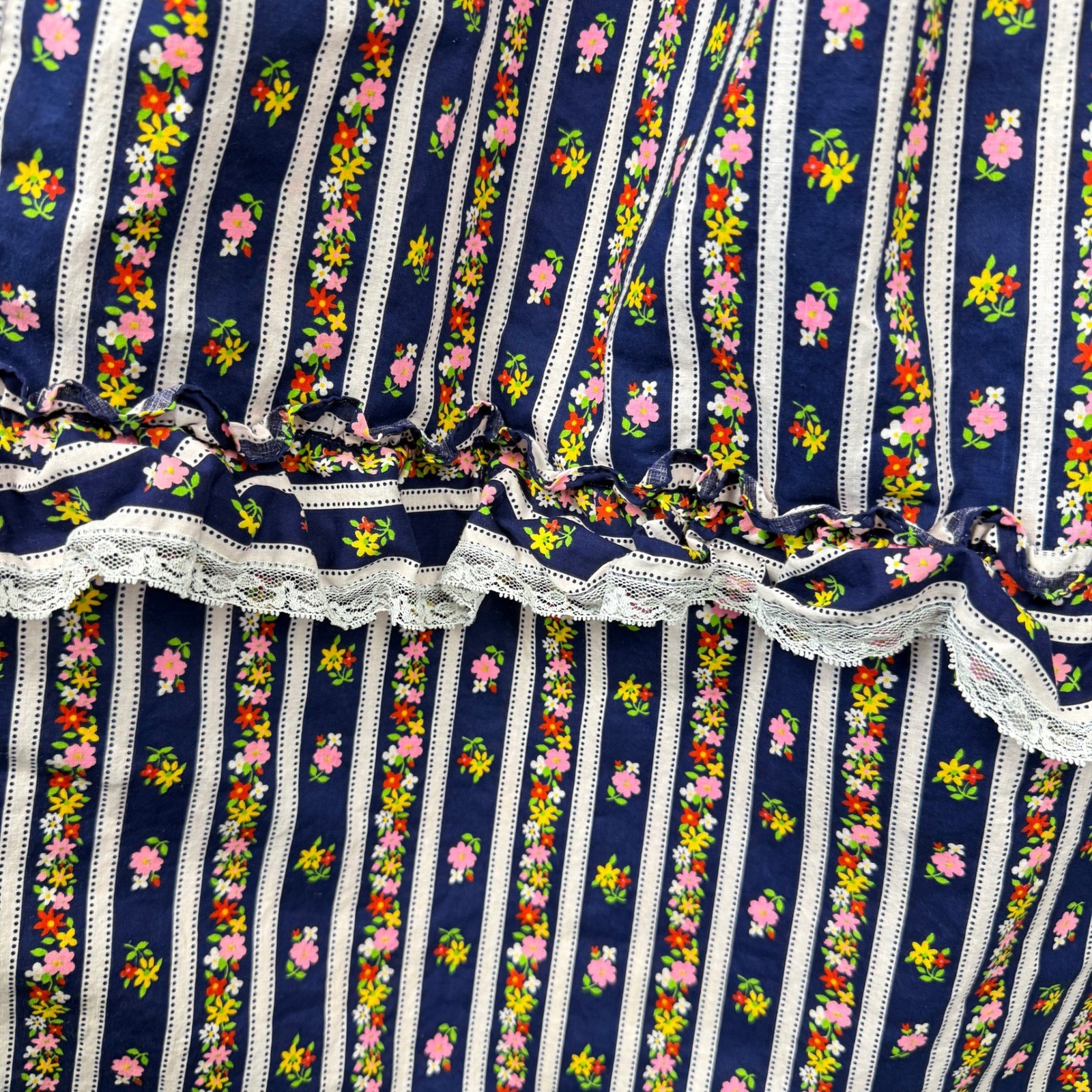 Vintage 70s Prairie Maxi Dress Womens XS Navy Floral Stripe Cottagecore