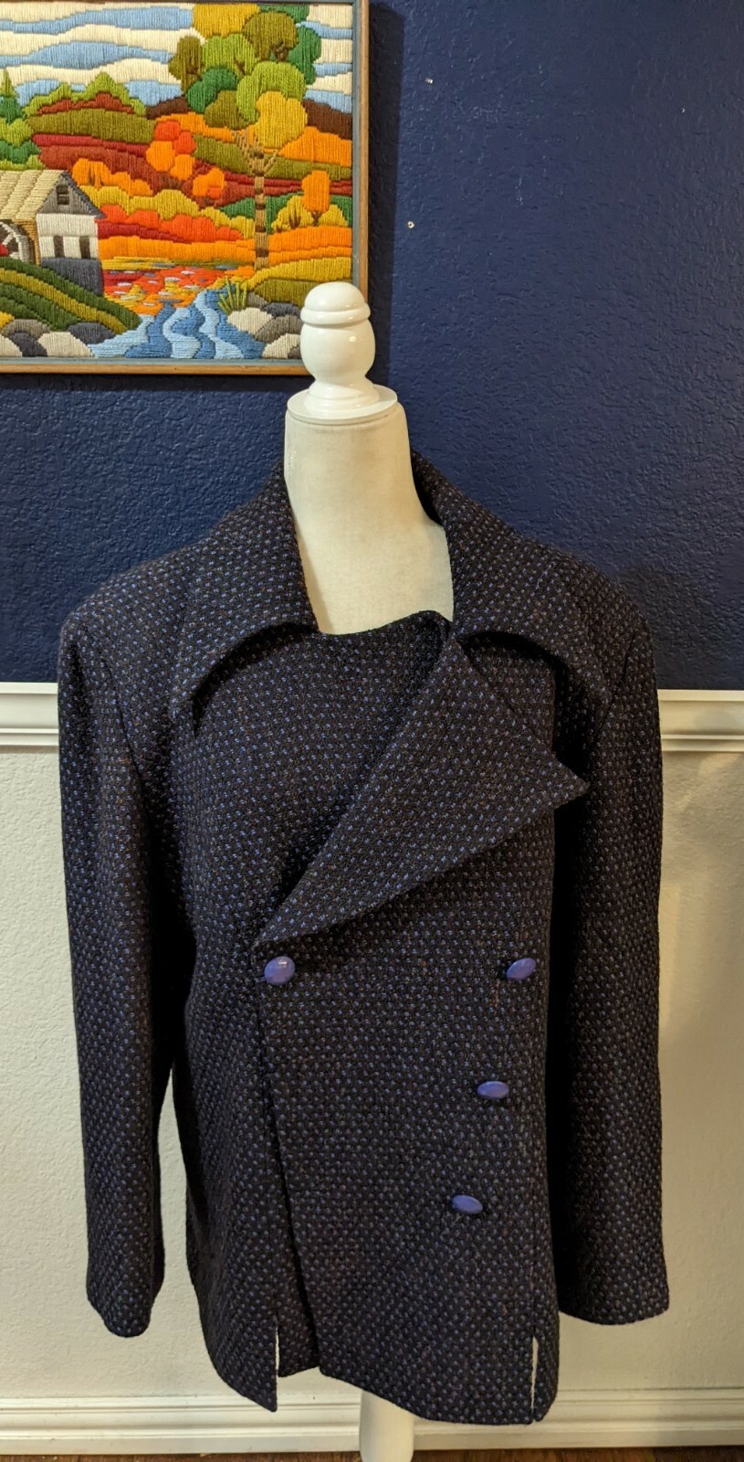 VTG Lily & Taylor New York Paris Blue Tweed Coat Double Button Sz PLUS 20 XXXL