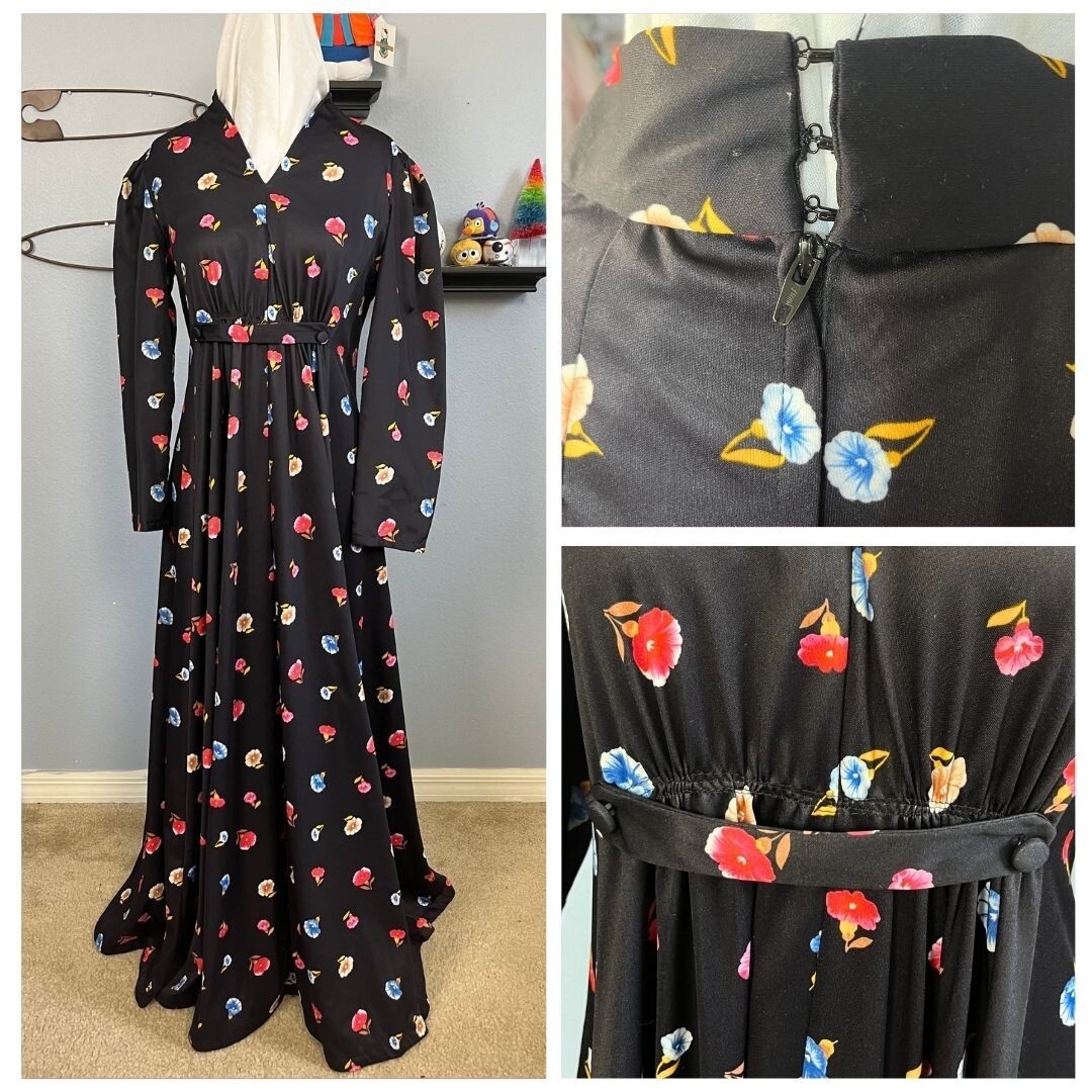 Vtg 1970’s Double Knit Polyester Long Sleeve Black Mulitcolor Floral Dress XS/S