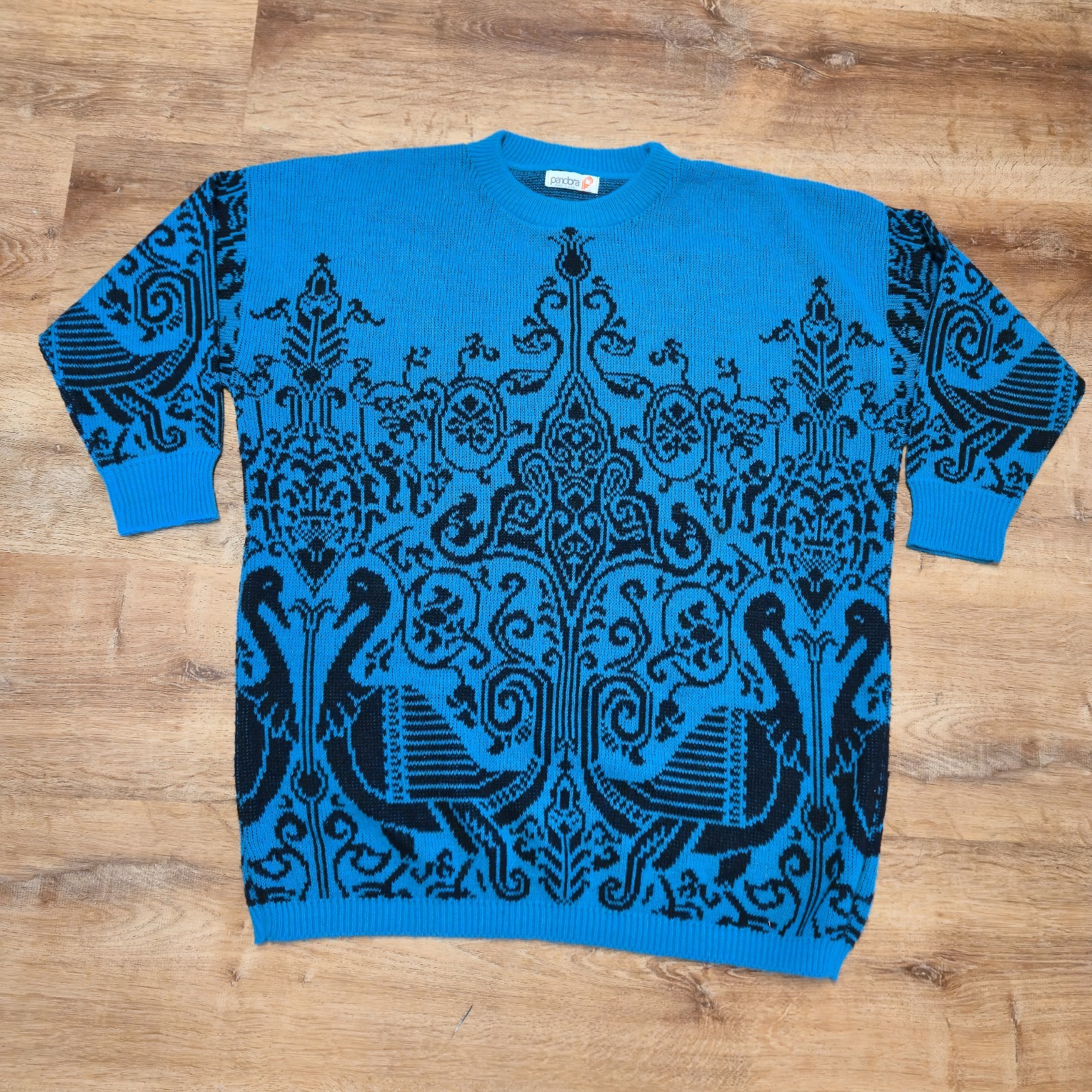 Vintage Pandora Teal Black Ornate Women’s Crewneck Oversized Sweater Medium