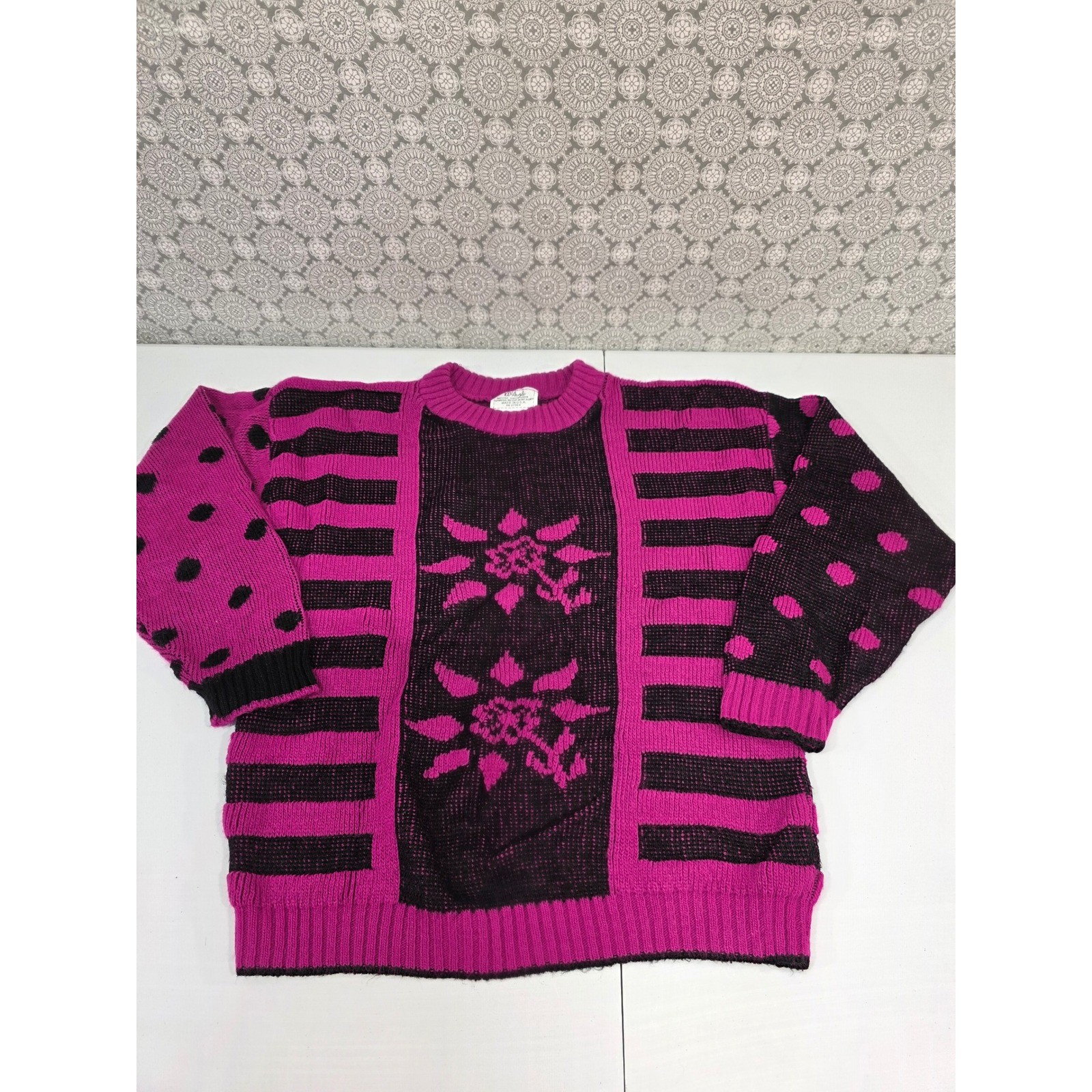 Vintage 80s Pink & Black Novelty Knit Sweater Statement Pullover Unique See pic
