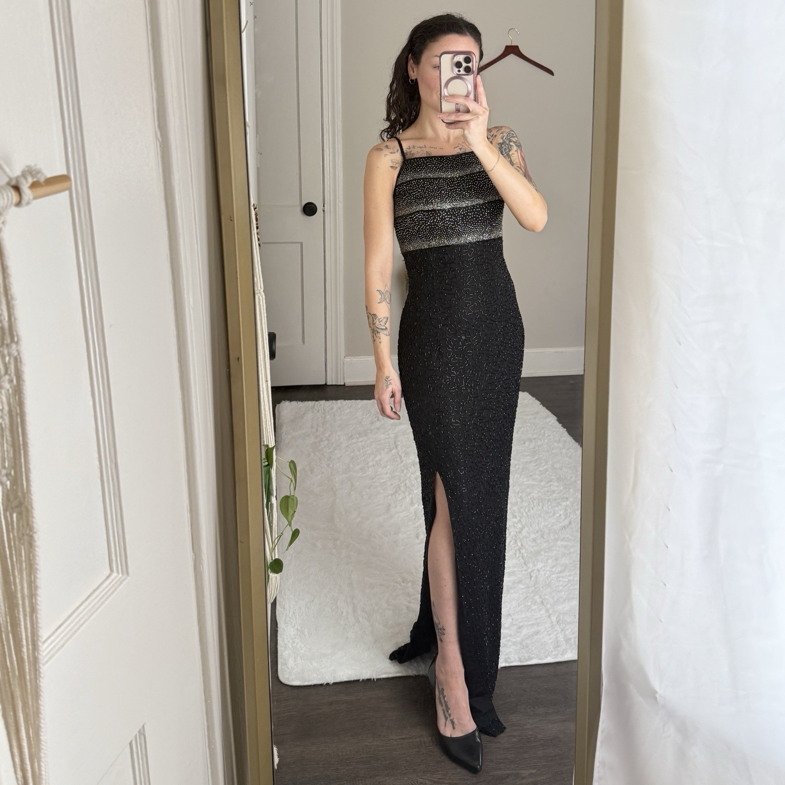 Rare XS Vintage 90s Beaded Silk Black Evening Gown with side slit and Sequins