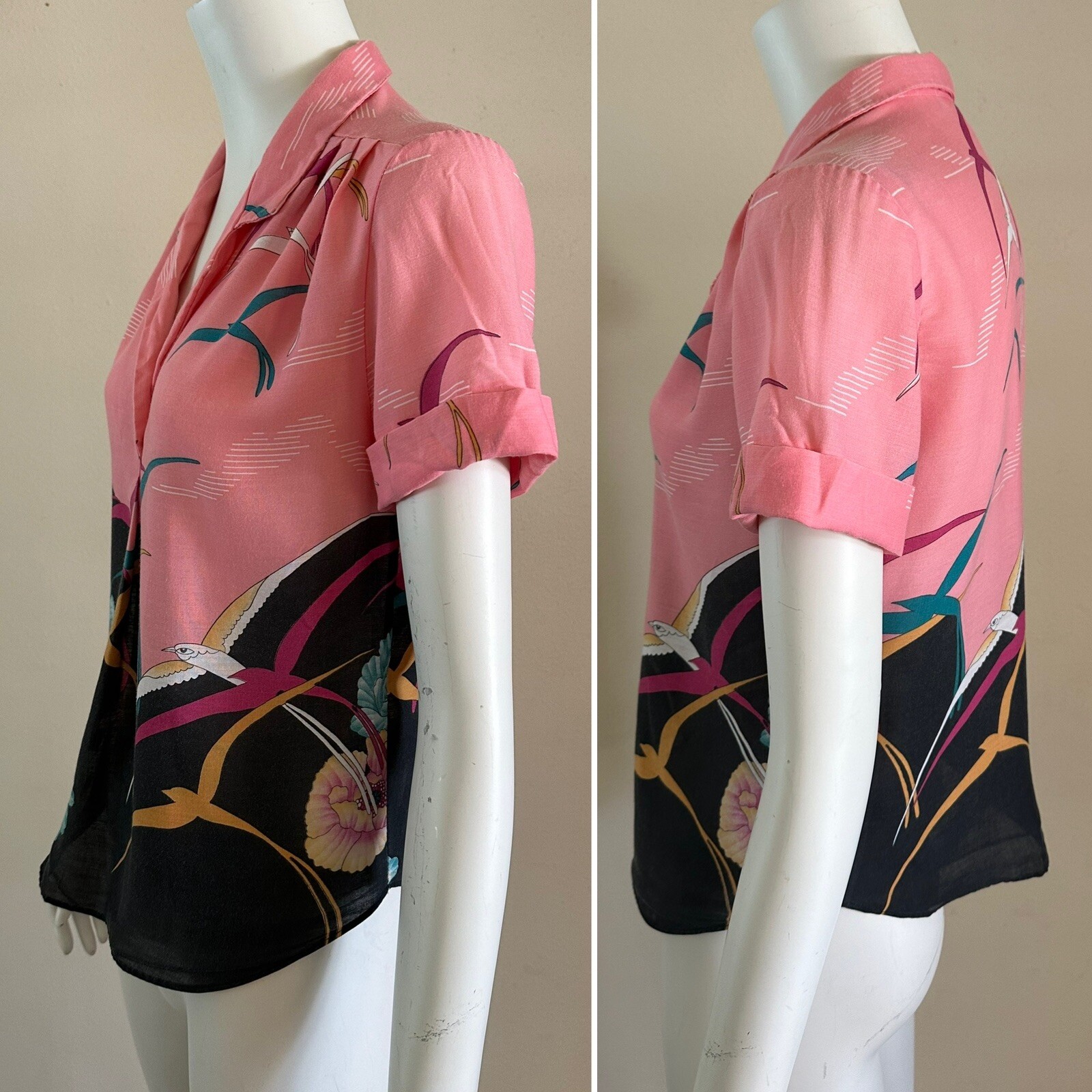 1980s California Connection Tropical Rayon Blouse Pink Bird Print Made USA VTG
