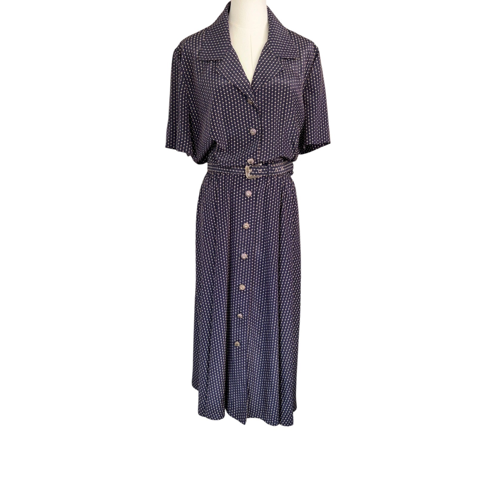 Leslie Fay Shirt Dress Womens Vintage Belted Midi Button Front 16 Navy Yellow