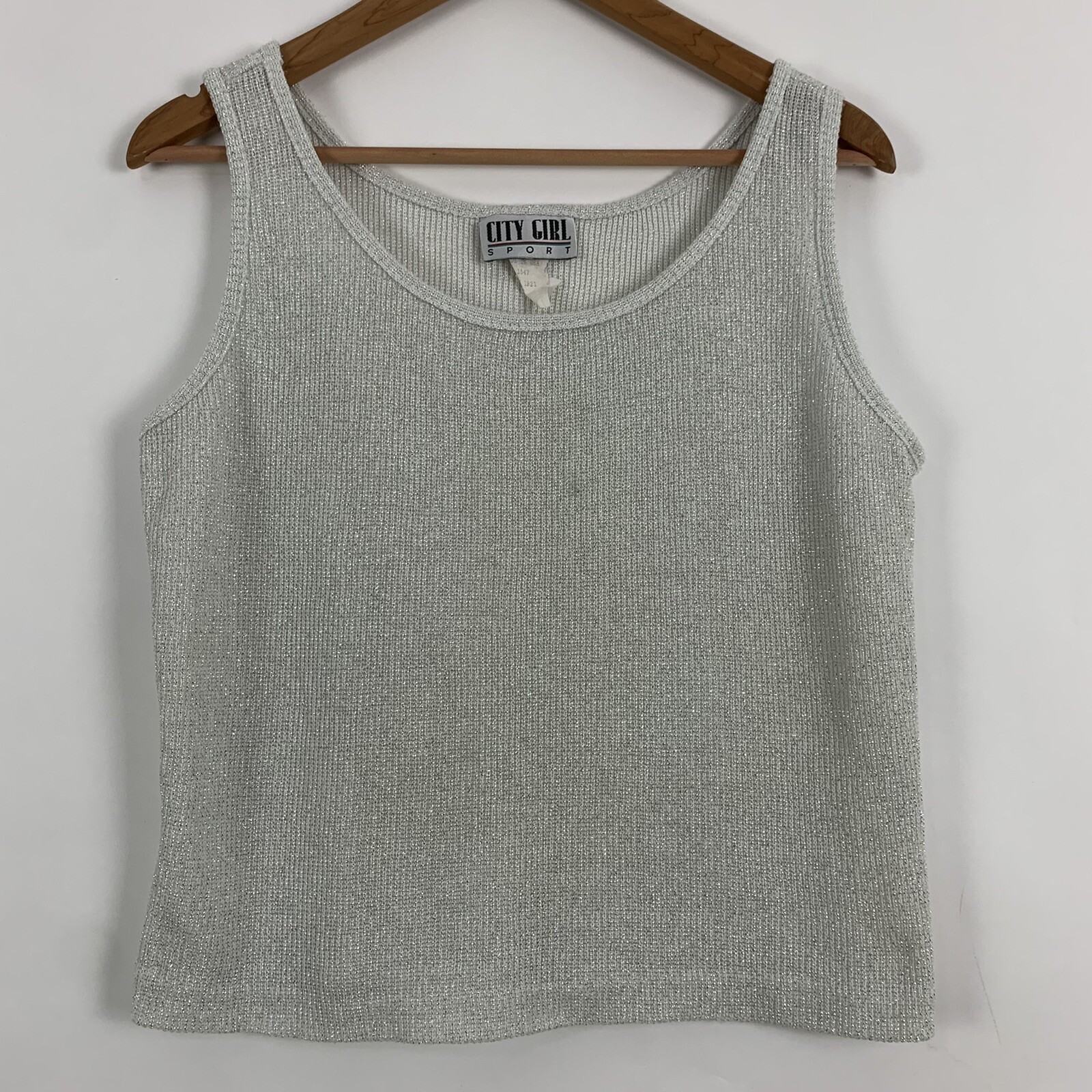 Vintage 90s City Girl Sport Womens Large Cream Sleeveless Metallic Knit Top USA