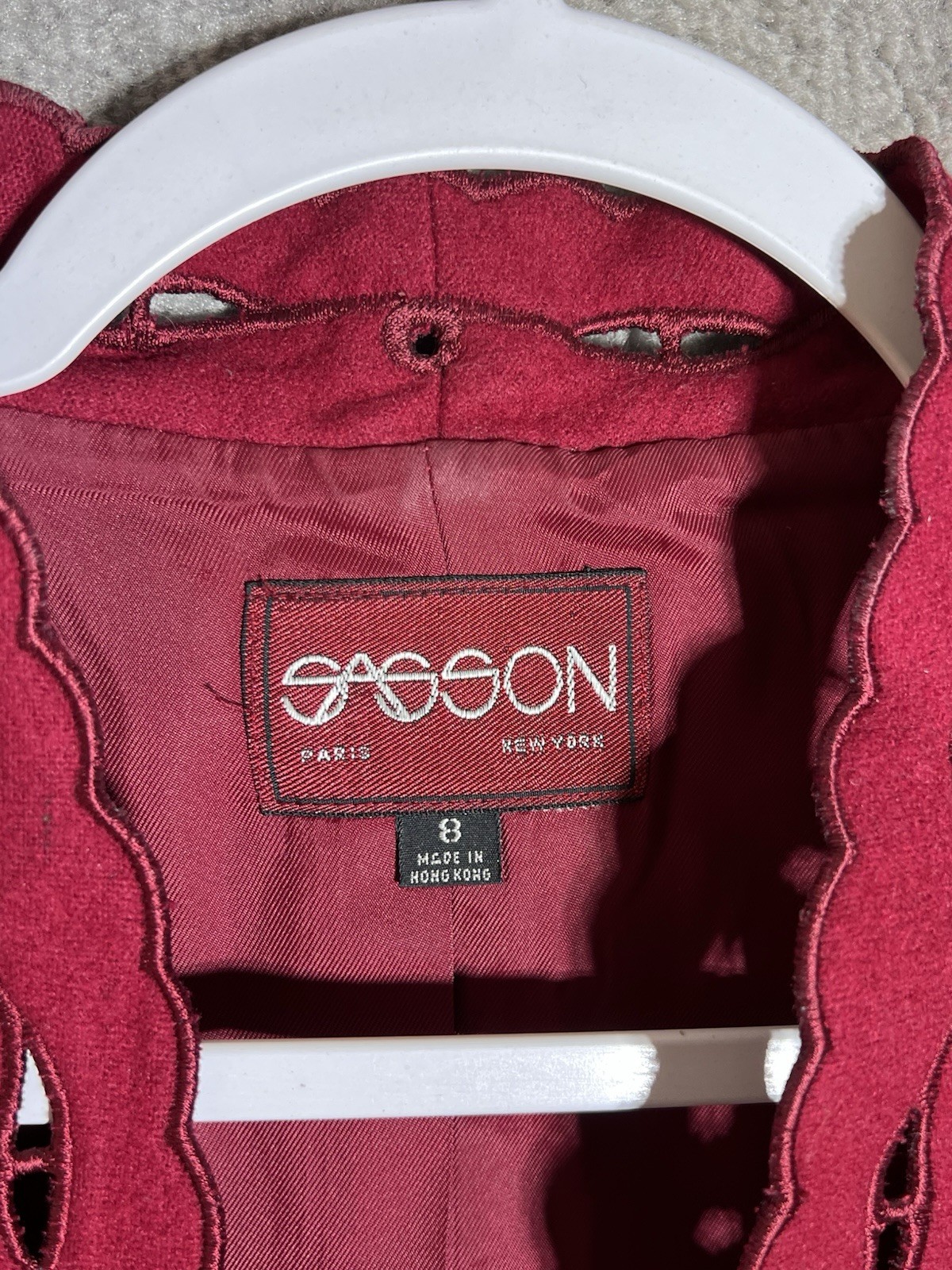 Vintage Sasson Open Front Blazer Womens Size 8 Red Wool Nylon Scalloped Edge