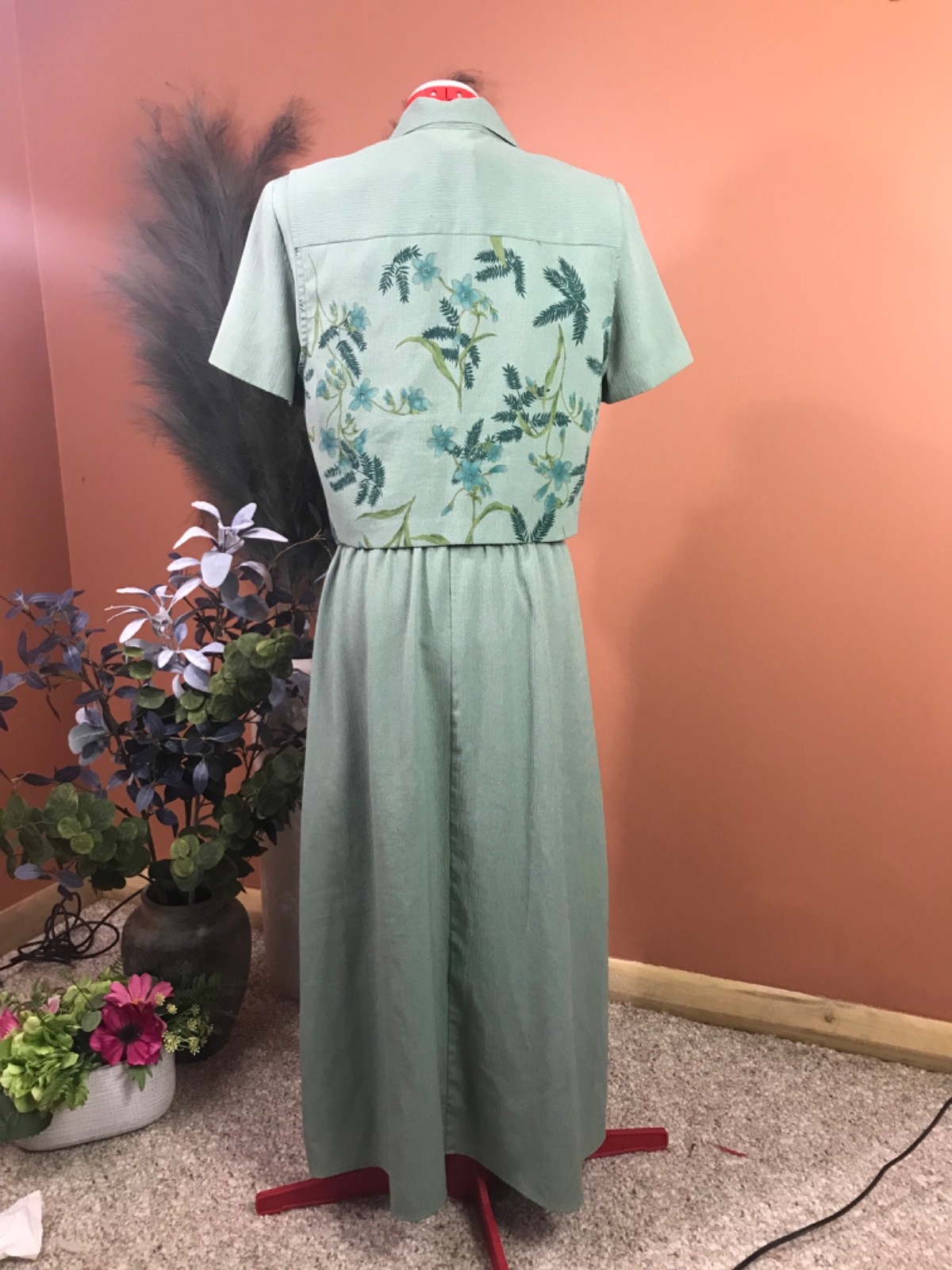 miss dorby green dress floral vest sz 12 cottagecore vntg 90’s homestead