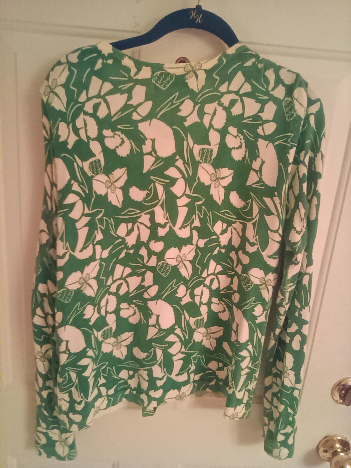 Vtg Old Navy green white floral sweater L button up made in Hong Kong cotton