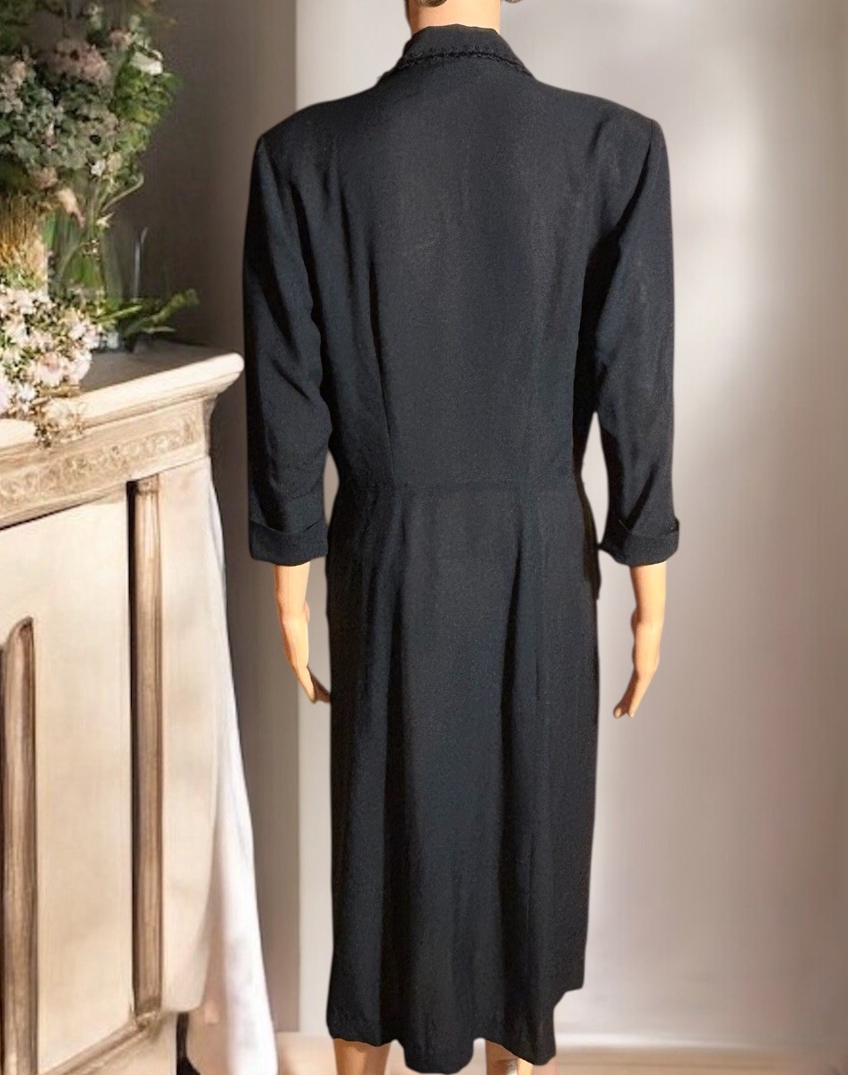 Vtg 40s Black Rayon Crepe Shirtwaist Day Dress Soutache Metal Zip Noir Pinup 30W