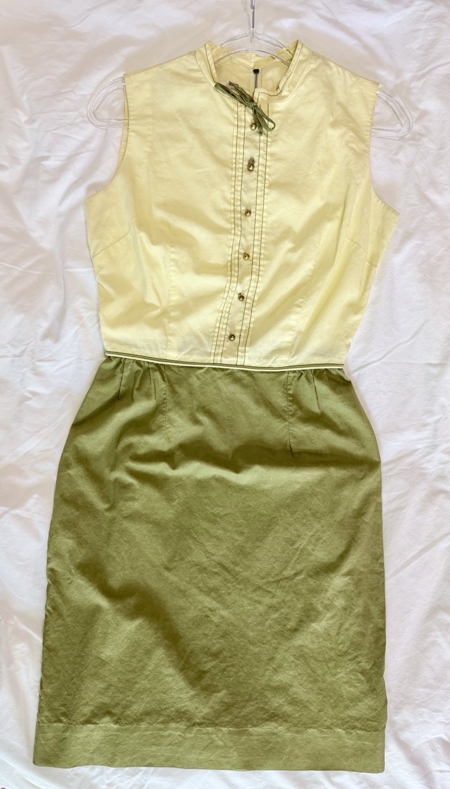 Vintage Bobbie Brooks USA Butter Yellow Olive Green Mod Shift Dress Cotton S/M