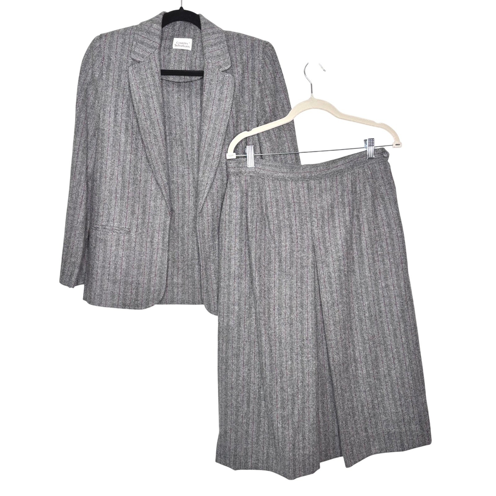 80s Wool Herringbone Blazer and Skirt Set Size M Classic English Countryside