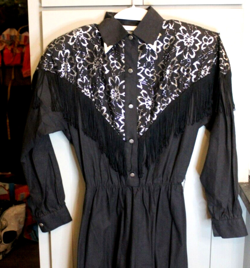Vintage 1980’s Rockabilly Swing Lilia Guilty & Silver Black Western Dress Small