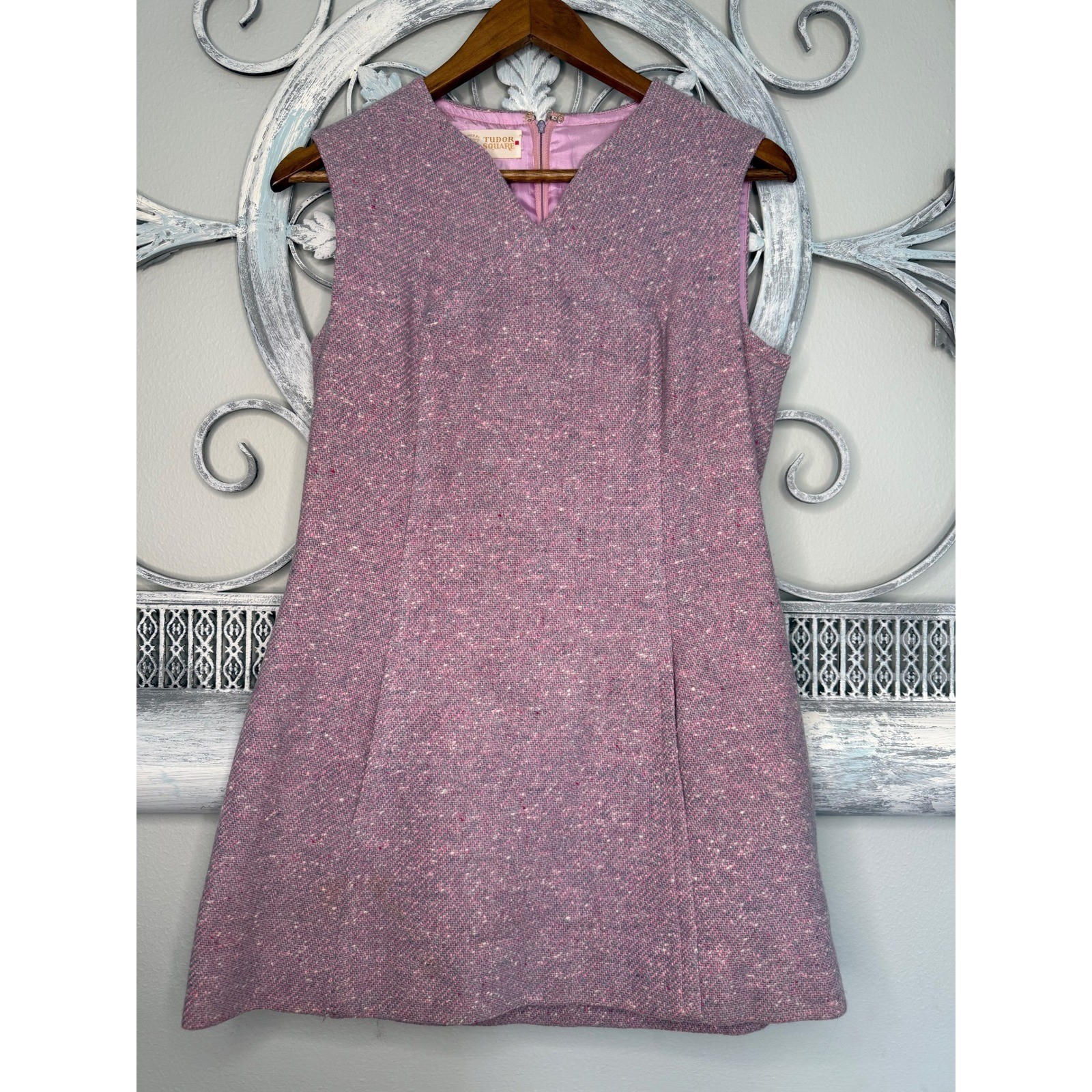 Vintage Tudor Square Pink Grey Tweed Wool Mod Shift Dress 1960s-1970s Small