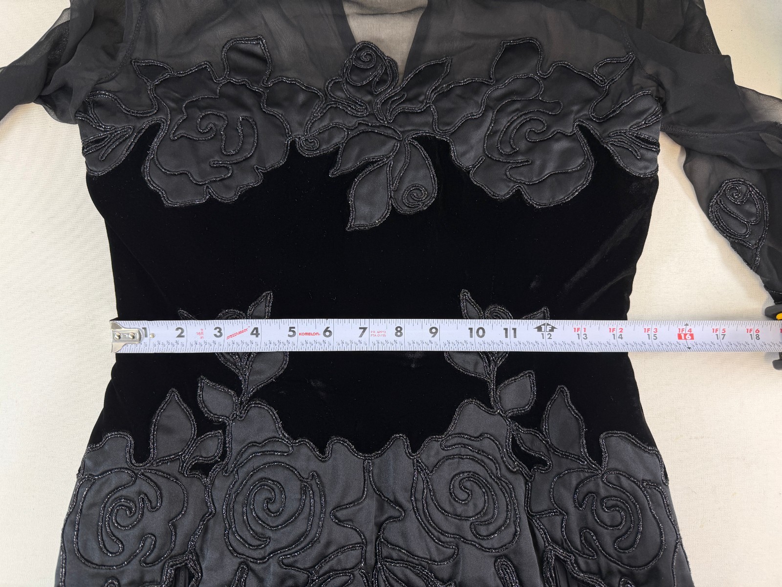 Vintage FONTANA COUTURE Fit & Flare Dress 42 Black Sheer Velvet Satin Floral S
