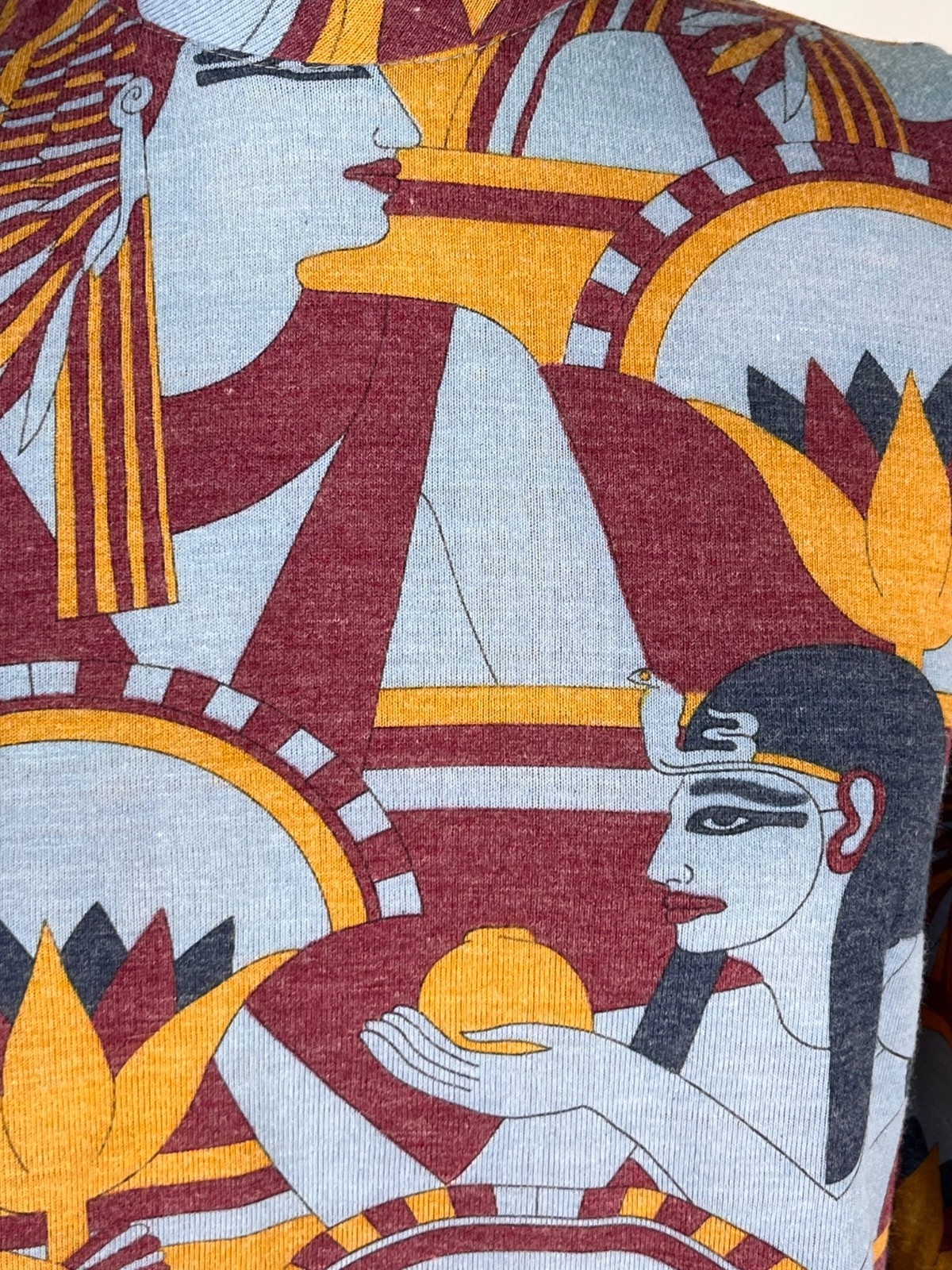 Vintage 1960’s-70’s blue EGYPTIAN print medium-weight knit top by Add 1 Ltd. S/M