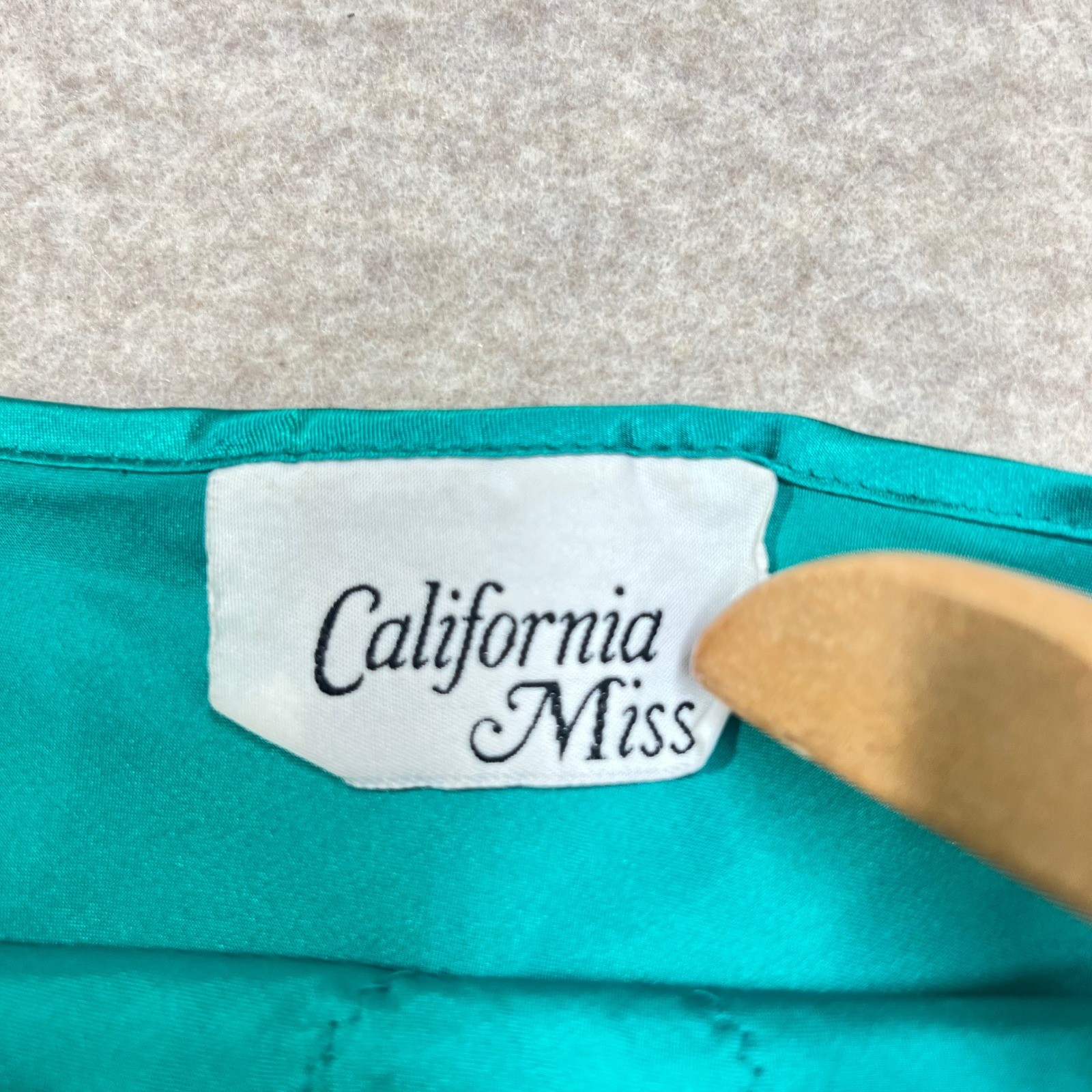 Vintage California Miss Teal Green Satin Chemise Nightgown Lace Trim Medium GUC