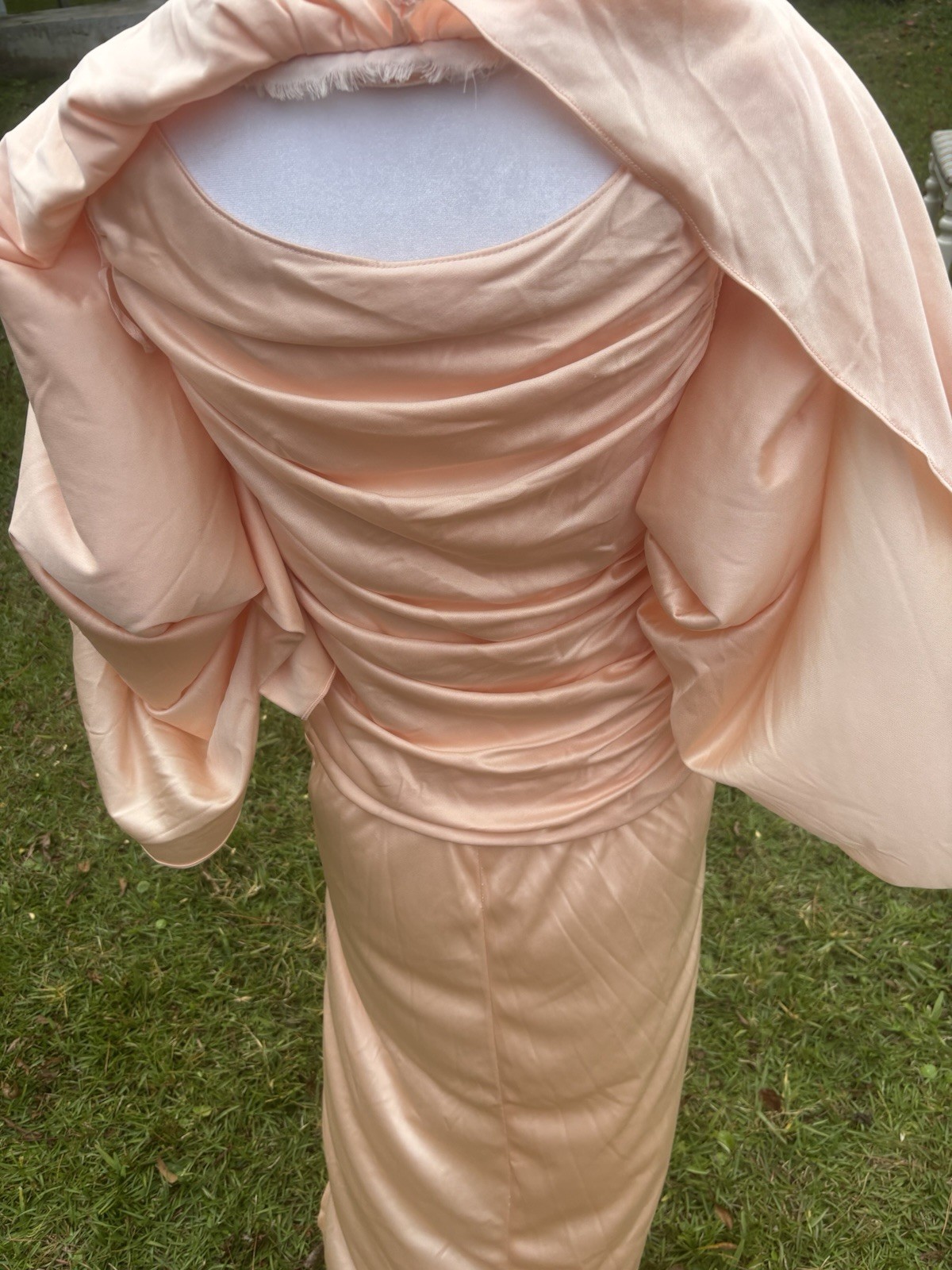 Vintage Peachy Ruched Gown and Jacket with Open Back Split Side 70s Size 12