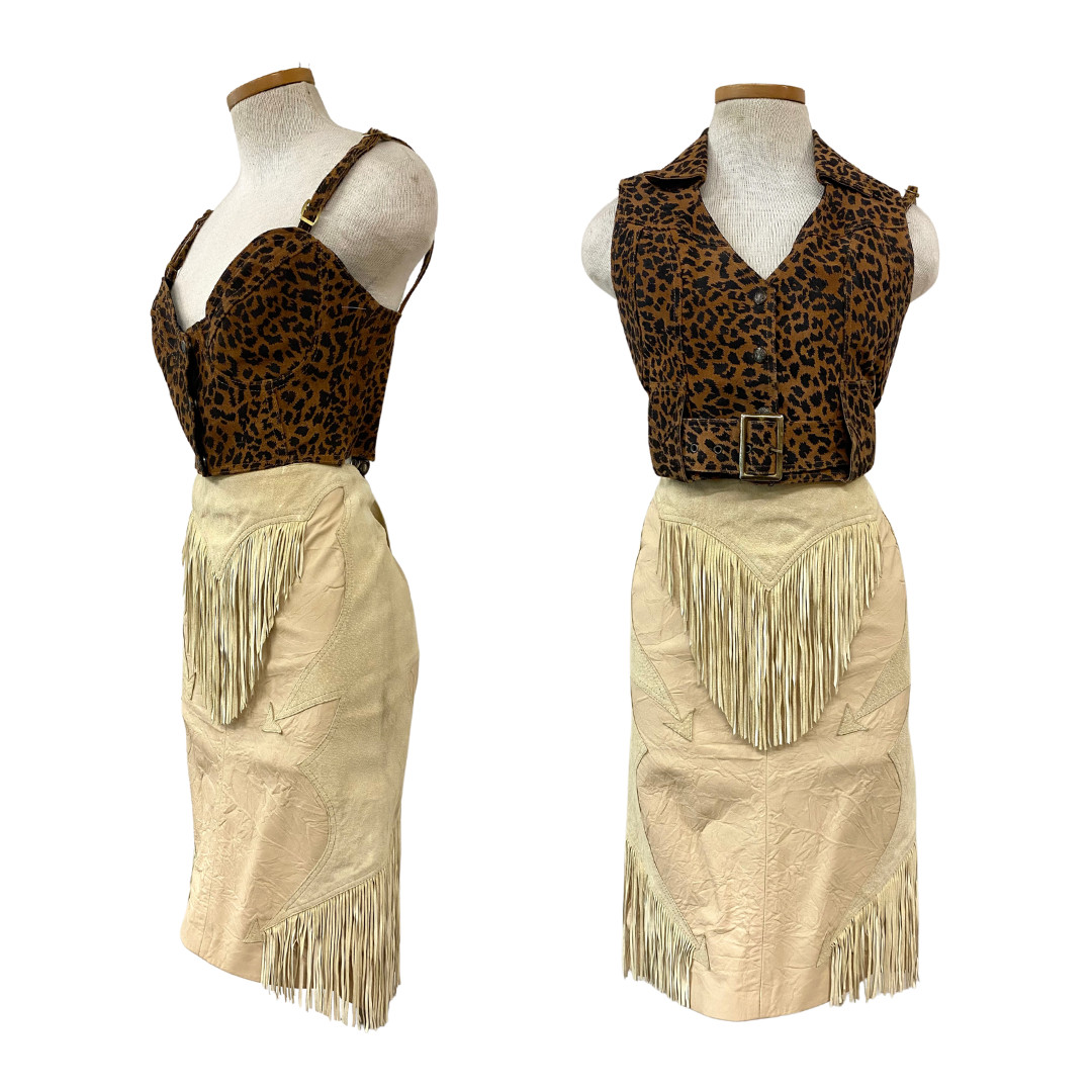 Vtg 80s 1980s Easy Rider Motorcycle Cheetah Print Bustier Cropped Vest Set