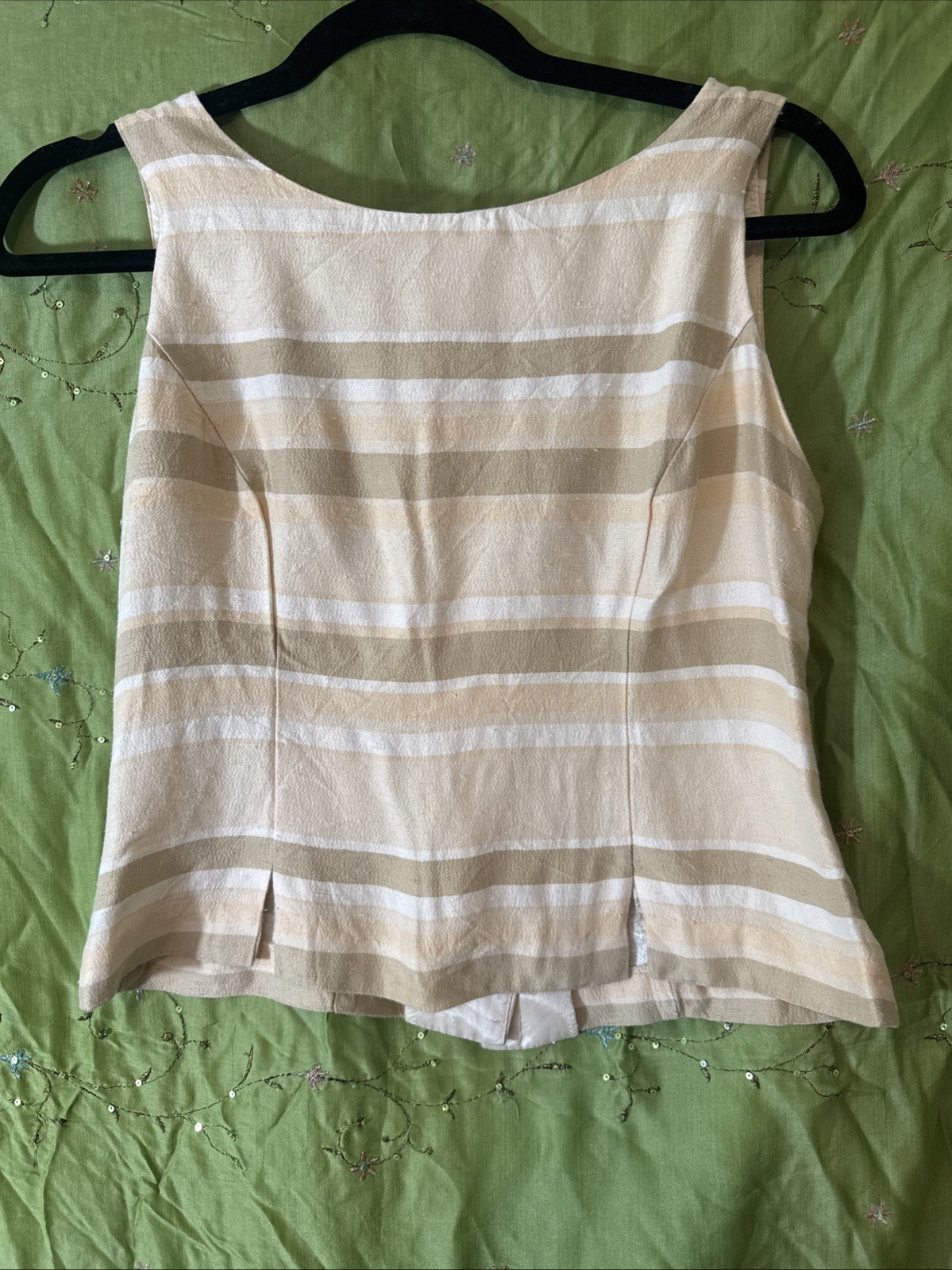 Vintage Dawn Joy Fashions Top Beige White Stripes Buttons Down Back Size 7/8
