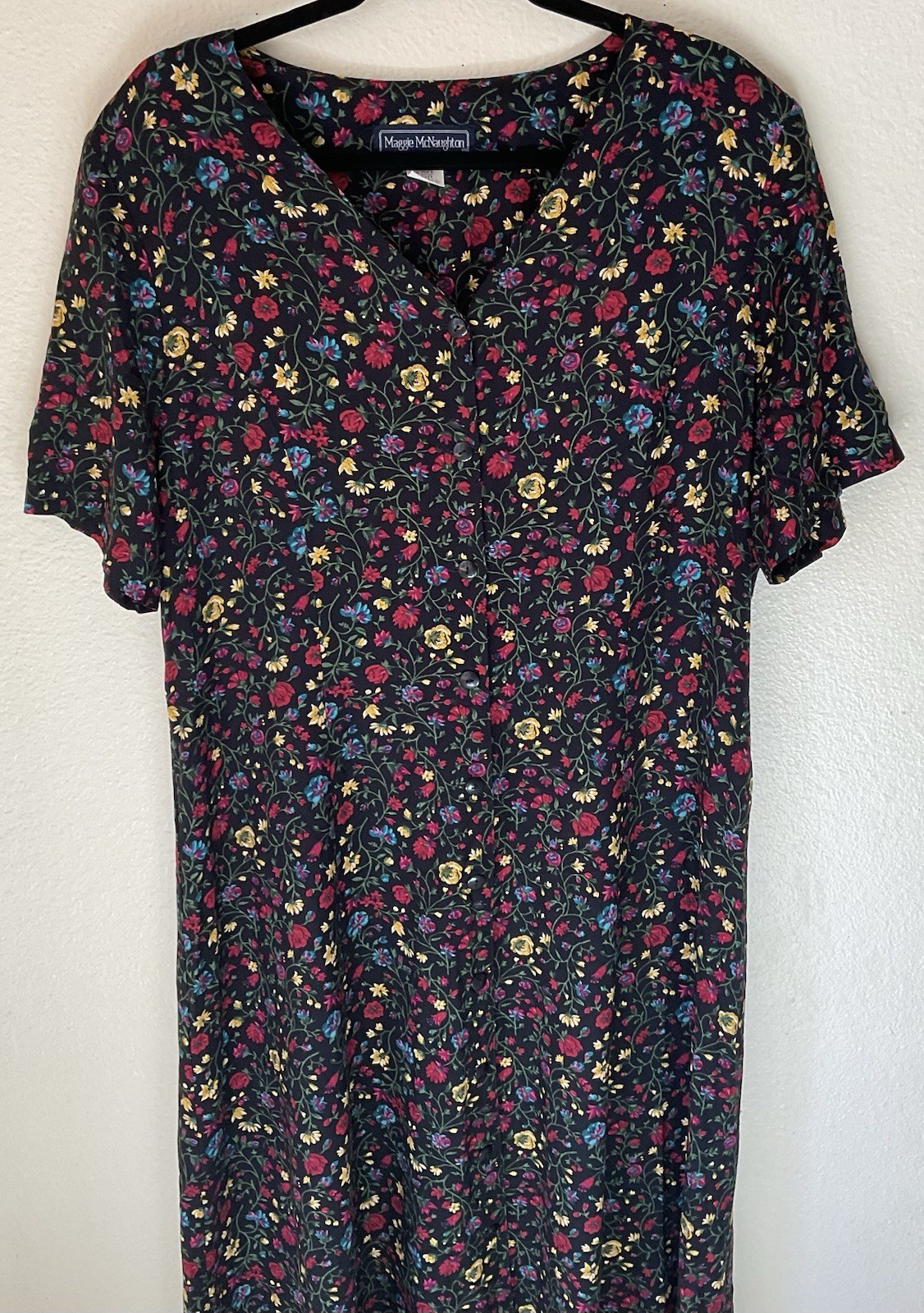 Vintage 90s Maxi Dress Boho Cottagecore Women’s Size 18 Black Floral Print