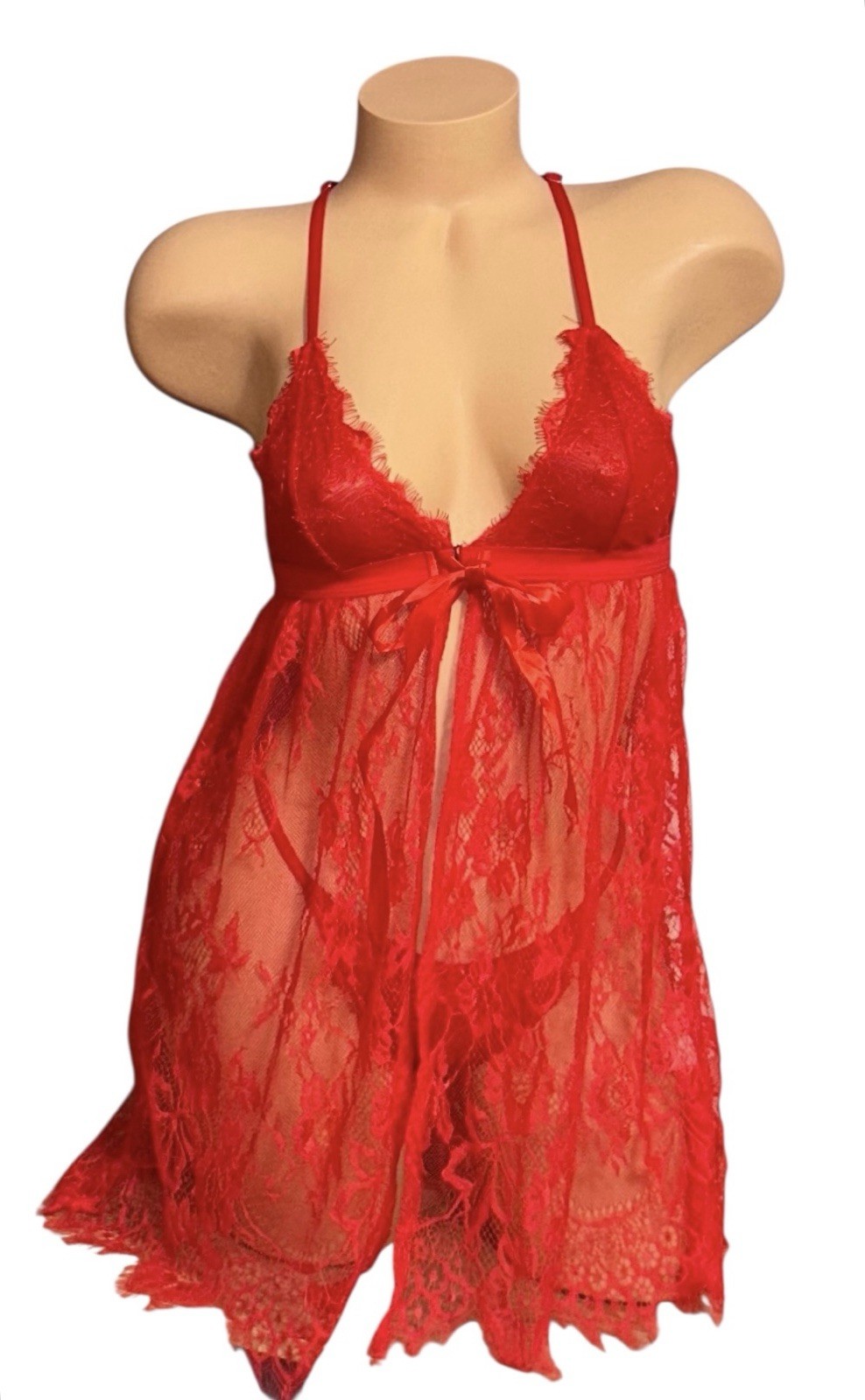 2PC AVIDLOVE Red Shiny Sheer Lace Peek A Boo Front Closure Nightie & Panties S