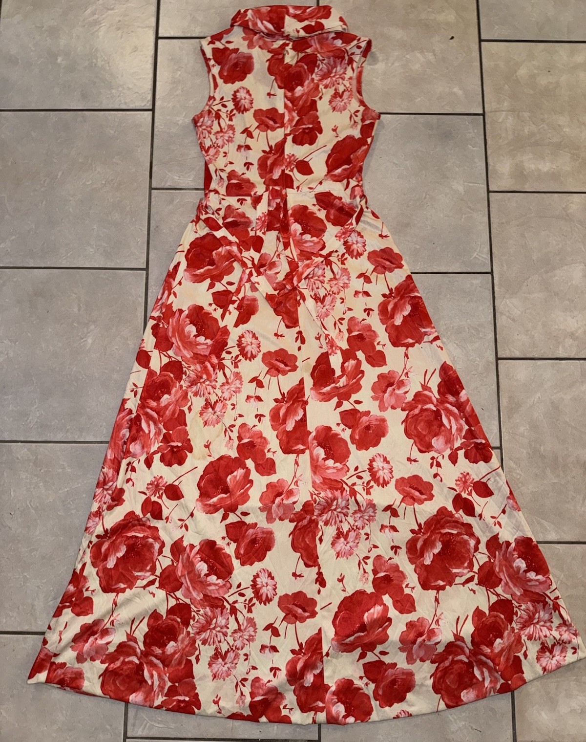 Vintage 70s Red Floral Maxi Dress XS Cowl Neck Long Sleeve Mod Boho Glam Swing
