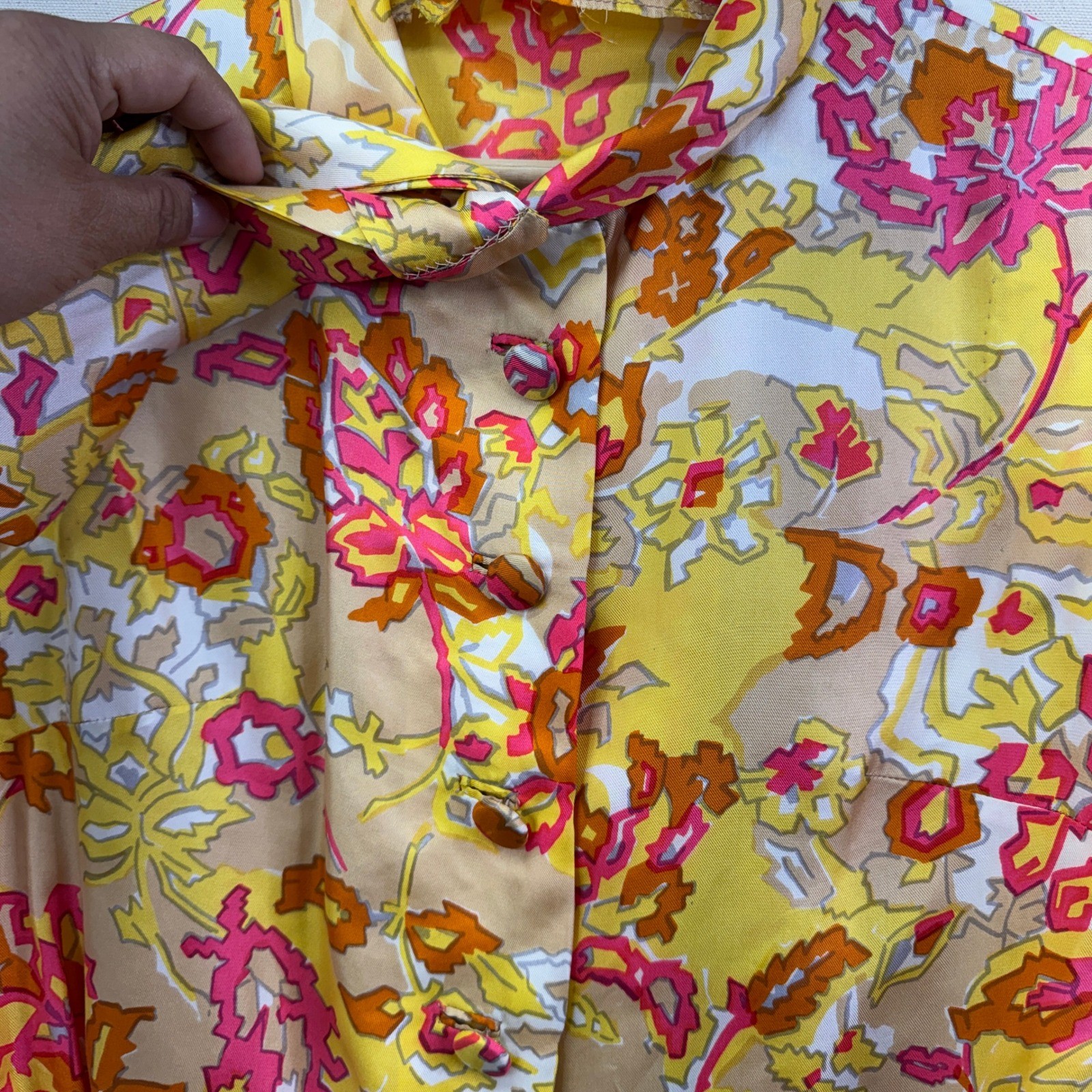 Sleeveless Bow Tie Blouse Yellow Floral Psychedelic Retro OOAF Womens S