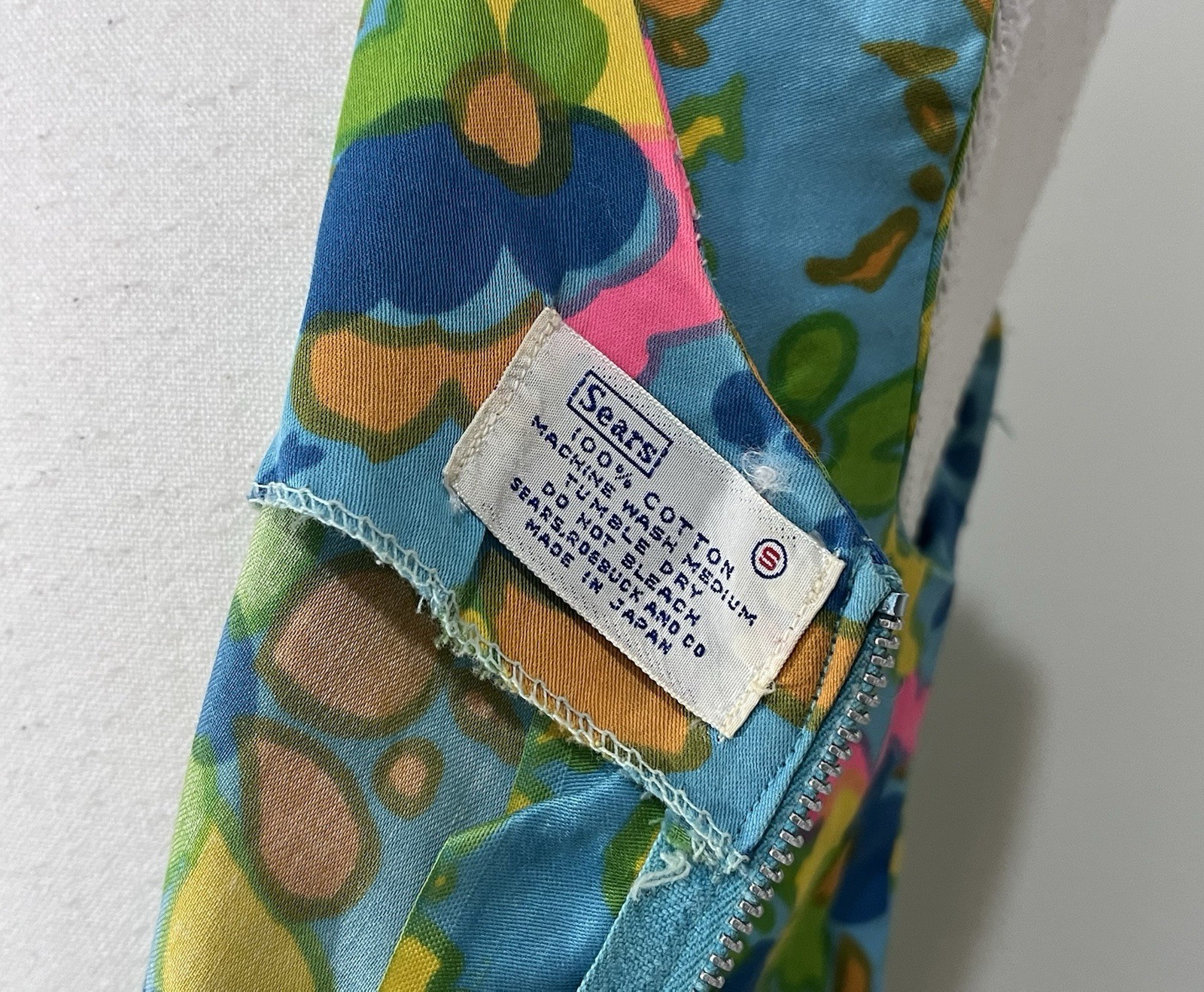Vintage 70s Sears Floral Shift Dress Blue Mod Psychedelic Hippie Mini Women’s S
