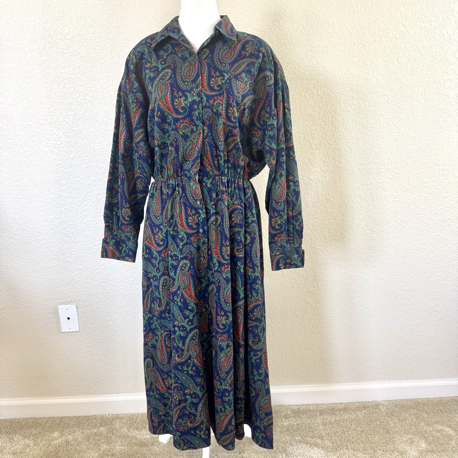 Vintage S.G. Gilbert Paisley Midi Dress Sz 12 Blue Long Sleeve Button Front
