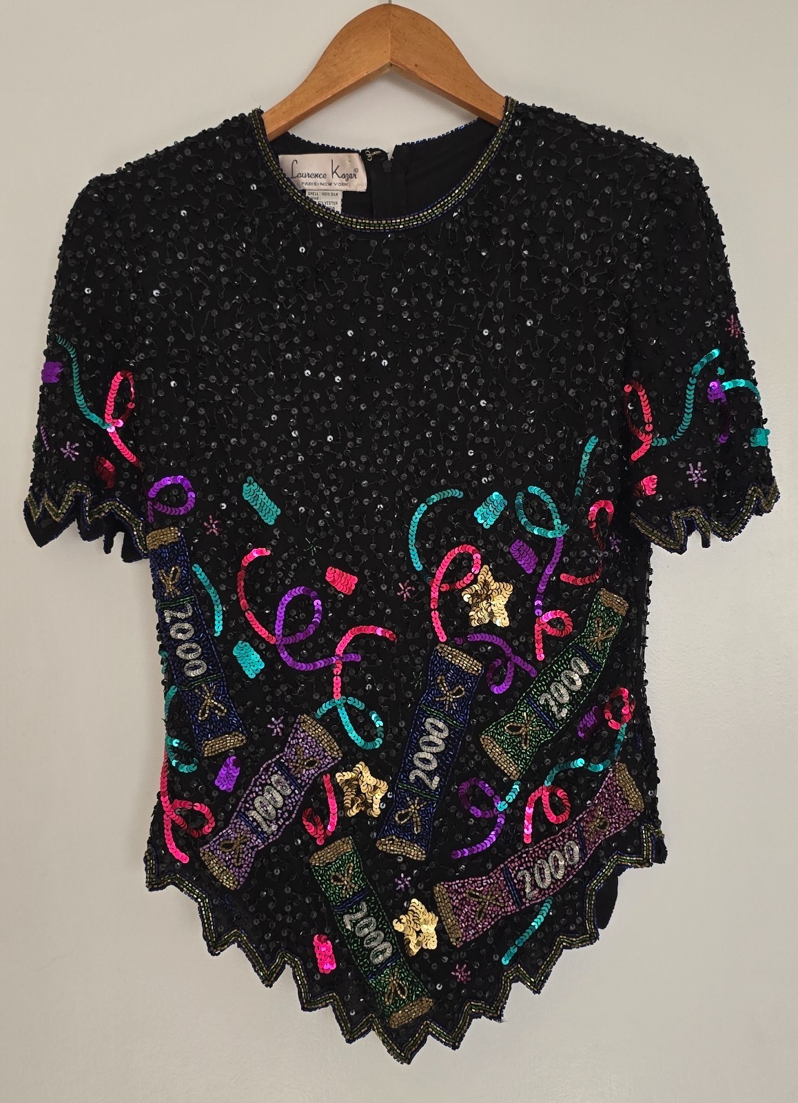 VTG Laurence Kazar Y2K Millennium 2000 Beaded Sequin Top Silk Party Blouse
