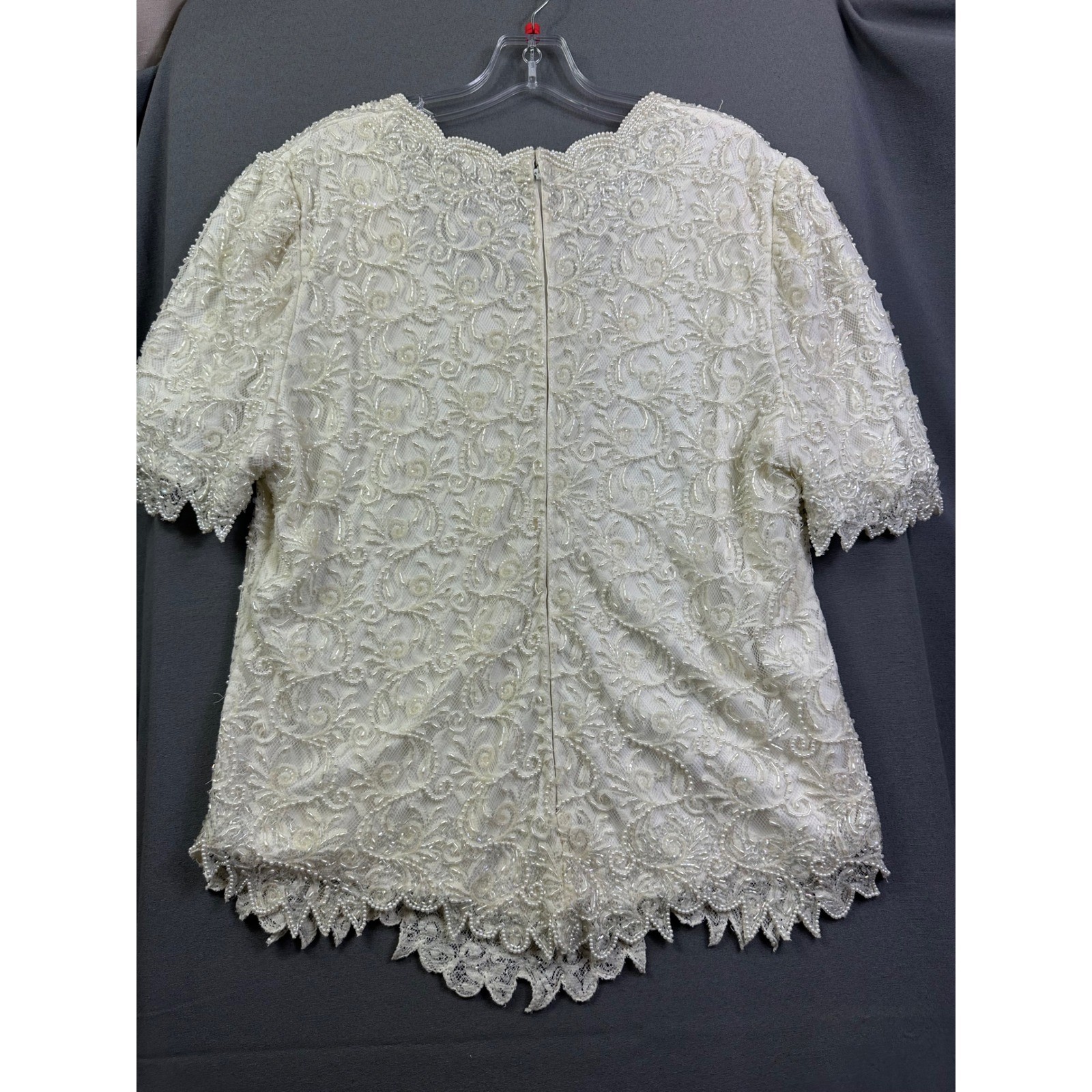 Brilliante by JA Vintage Beaded Sequin Lace Top Ivory Pearl Bridal Evening Sz L