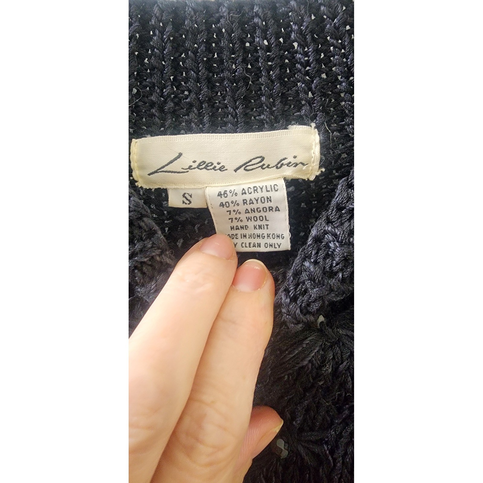 Lillie Rubin Vintage Hand Knit Beaded Angora Wool Sweater Black White Small