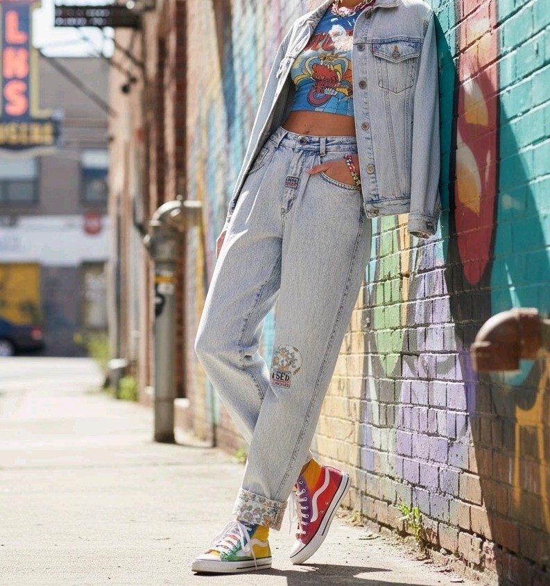 Vtg GET USED by ELIE High Waist Floral Patches Acid Wash Mom Jeans Streetwear 90