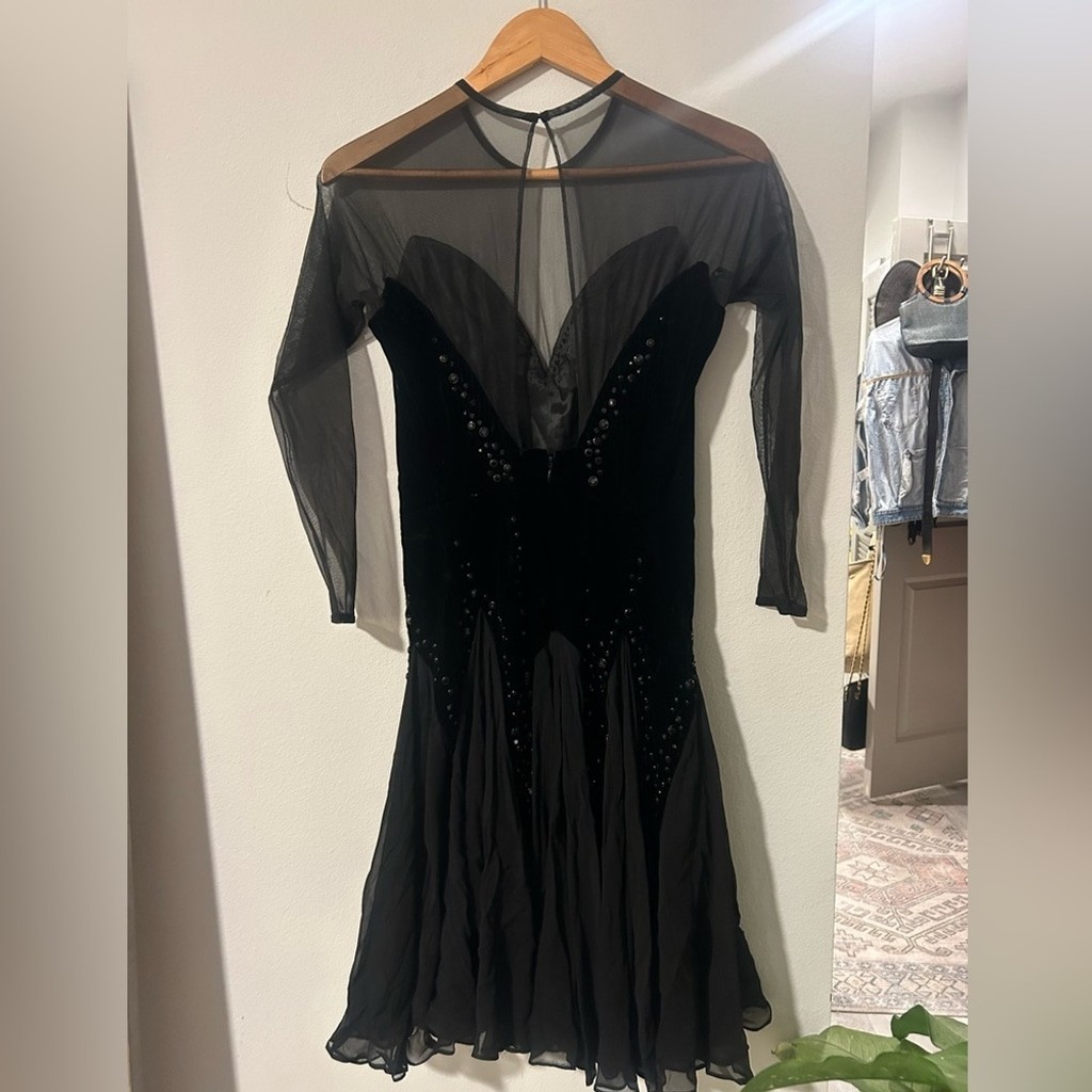 Vintage Ann Lawrence Black Velvet & Sheer Mesh Evening Gown Dress Size 8 Witchy